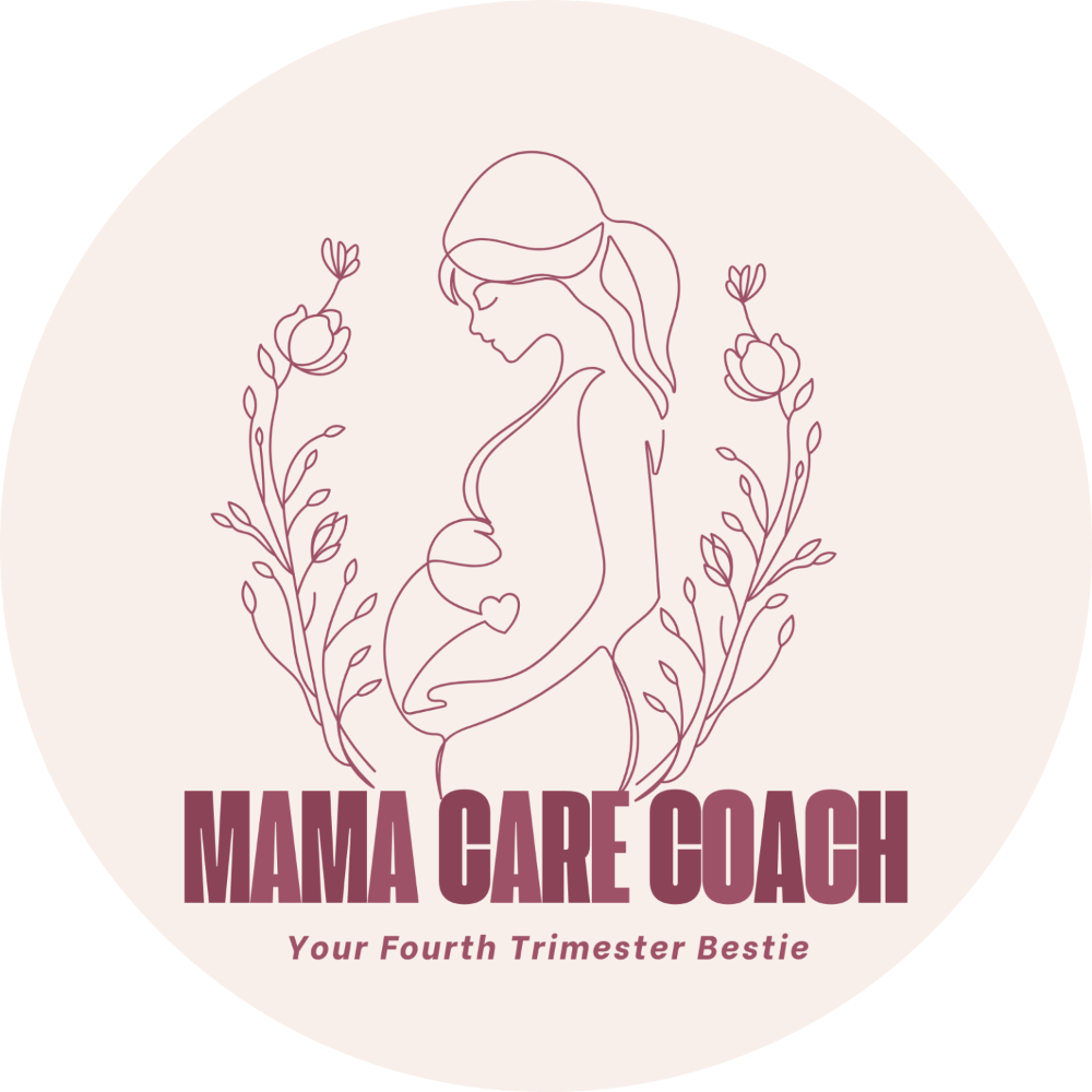 Logo for Mama Care Coach featuring a line art illustration of a pregnant woman with flowers around her, and text that reads "MAMA CARE COACH" with a subtitle "Your Fourth Trimeter Bestie".