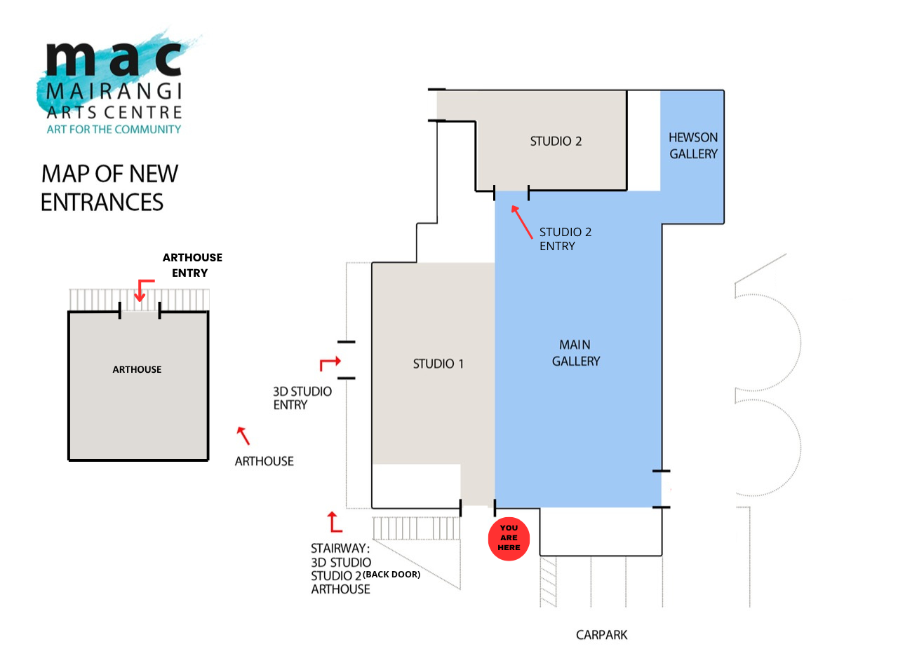 Map of new entrances at Mairangi Arts Centre, showing main gallery, Studio 1, Studio 2, Hewson Gallery, arched entry, stairway to Studio 2, and a car park. Red dot indicates location of 'You Are Here'.
