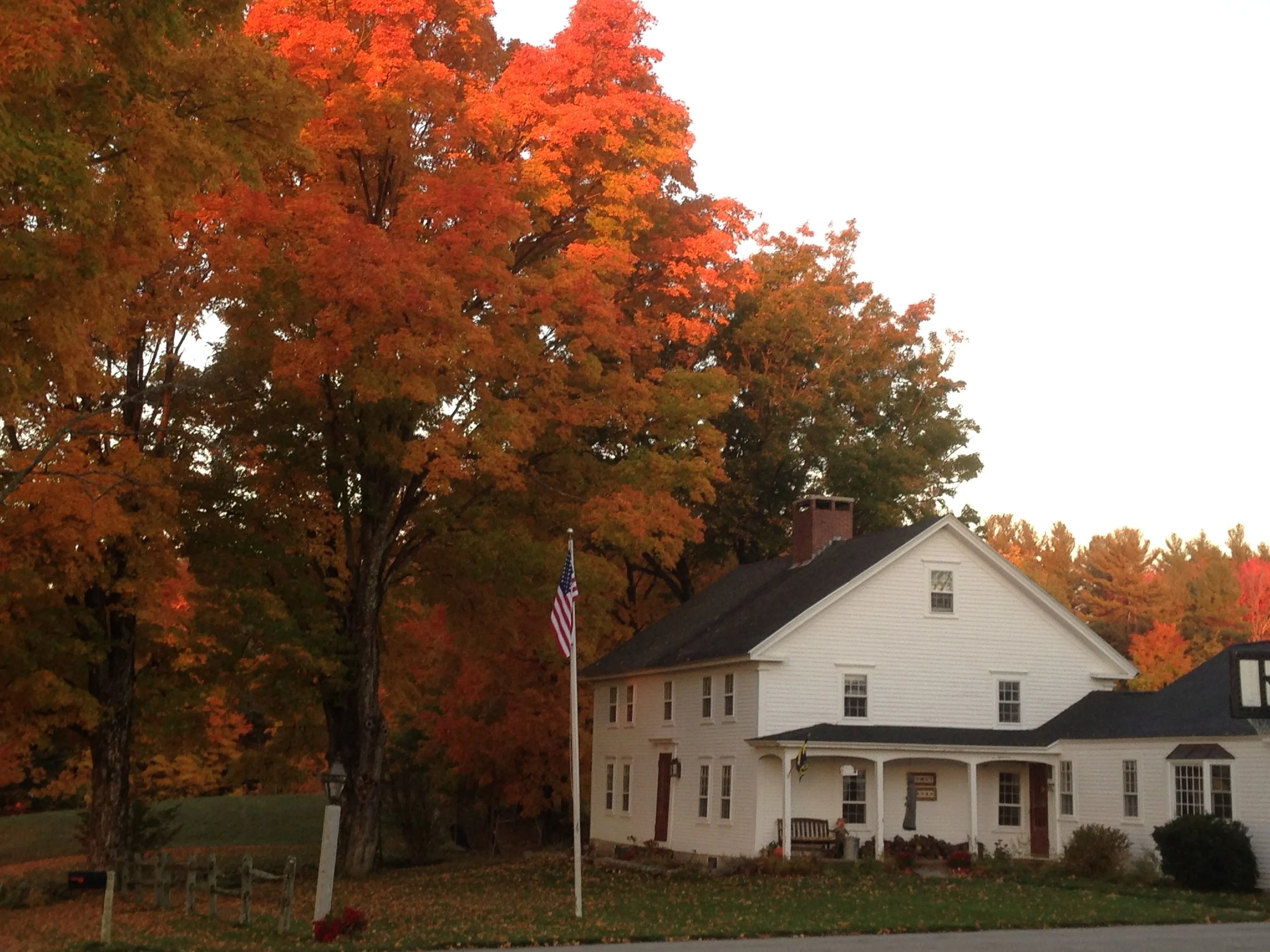 A large tree with bright orange and red autumn leaves stands behind a white house with a dark roof. An American flag is on a pole in front of the house. The sky is clear and early evening.