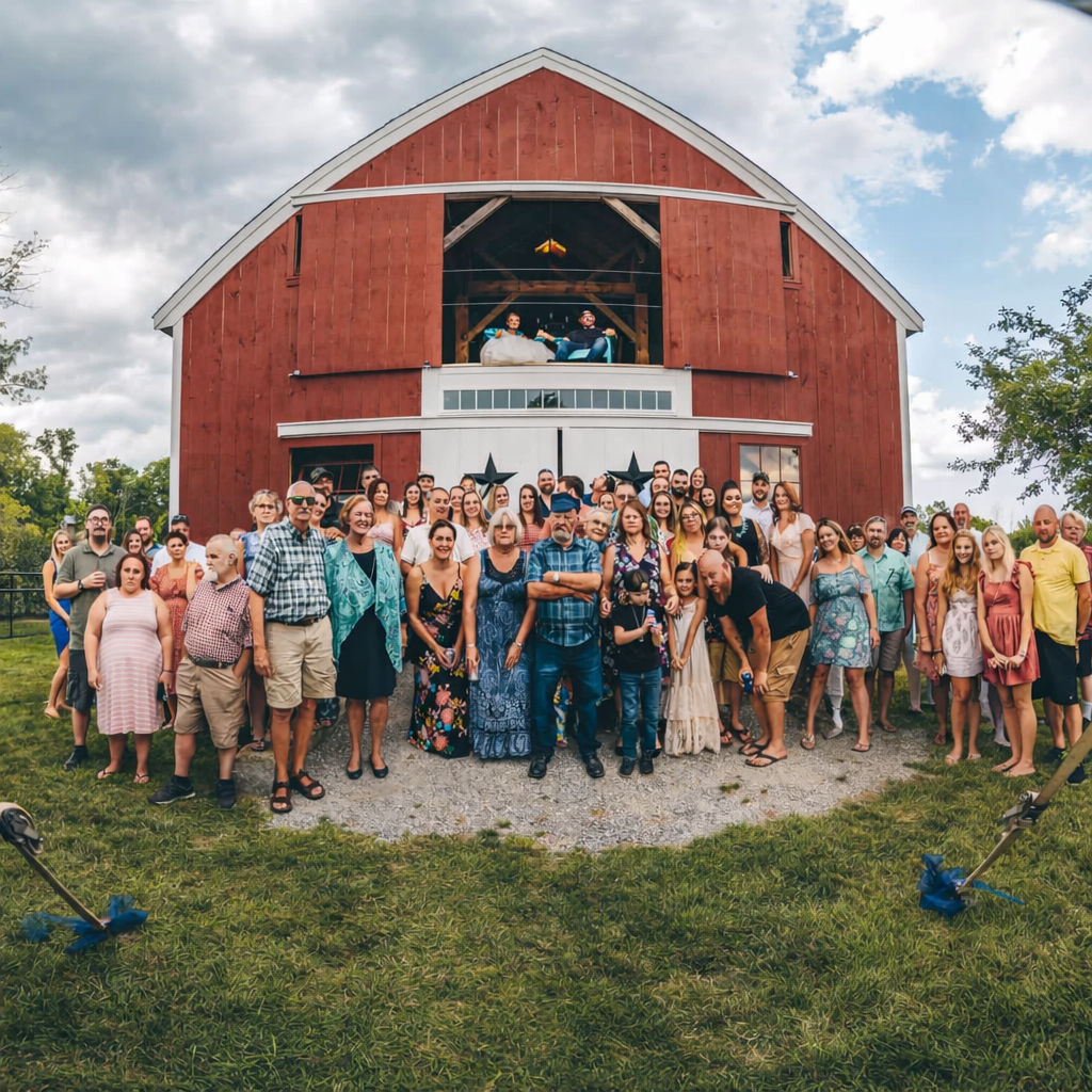 A large group of people gathered in front of a barn-style building, posing for a group photo at a celebration or wedding event. There are about 50+ people, some standing and some sitting, with two individuals seated on a balcony above the group.