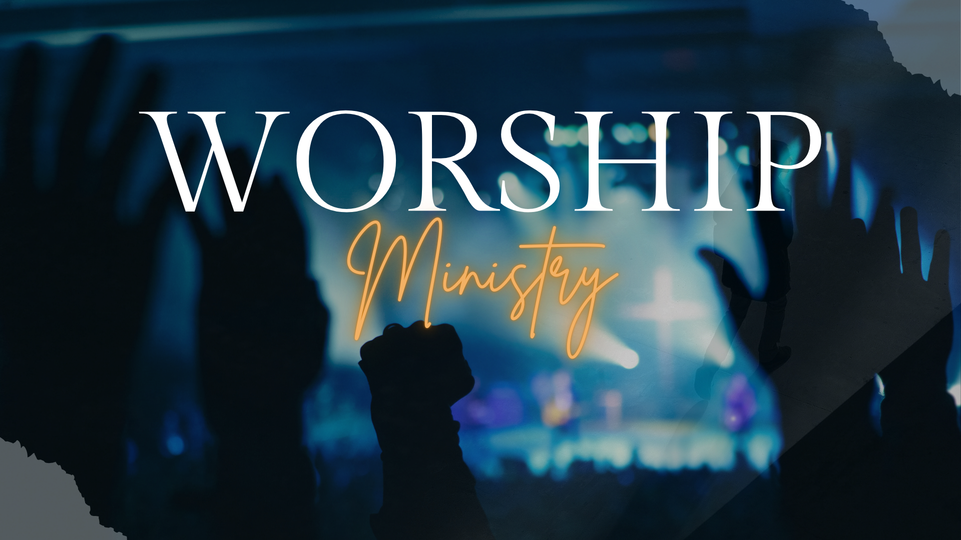 Text overlay reading 'WORSHIP Ministry' with silhouettes of people raising hands in a worship setting, dark background with blue and purple lighting.