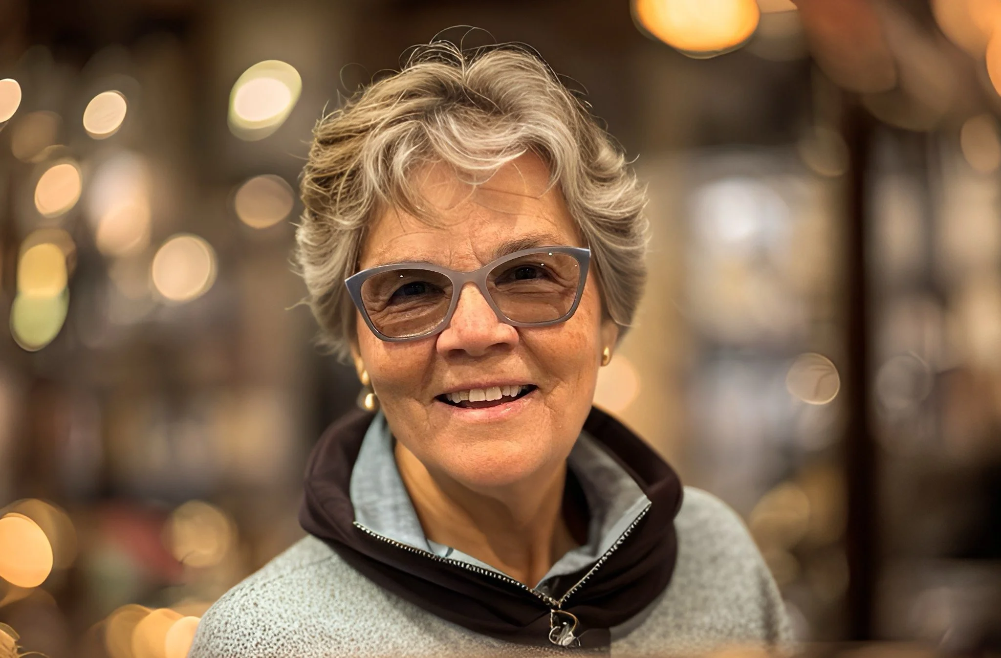 Older woman with short gray hair wearing gray glasses, gold earrings, a gray sweater with a zippered collar, and a black hoodie, smiling indoors with blurred warm lights in the background.