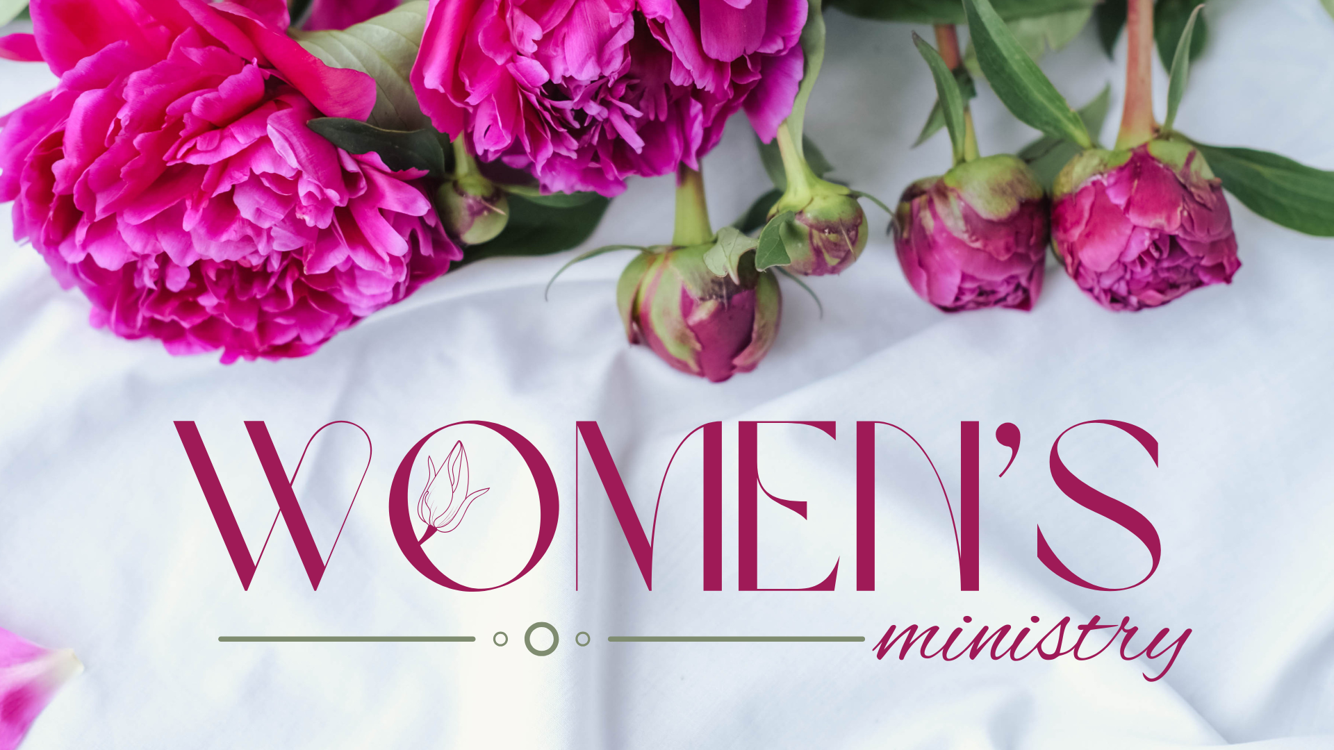 Pink peony flowers with green leaves and a logo that reads 'Women’s Ministry' with a stylized flower inside the letter 'O'.