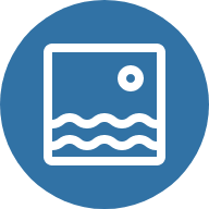 Icon of a photograph or picture with a mountain, sun, and water waves.