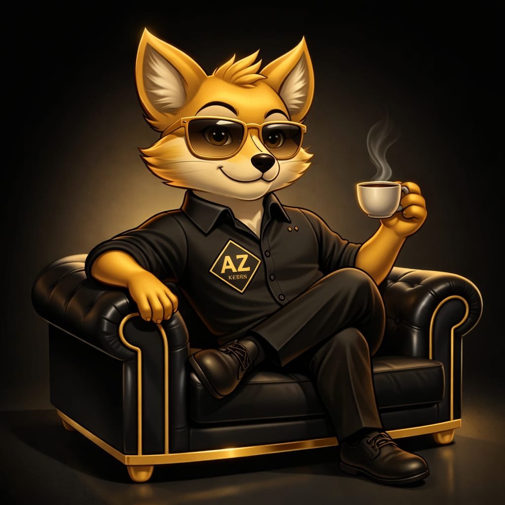 Un zorro antropomórfico con gafas de sol, vestido con camisa negra y pantalones, sentado en un sofá de cuero negro con detalles dorados, sosteniendo una taza de café con vapor.