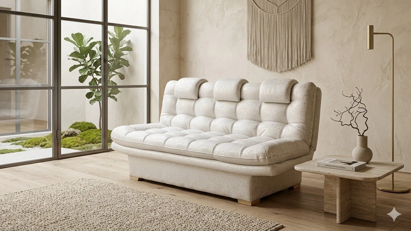 Sala de estar con sillón blanco, mesa de extremo con libro y florero, pared decorativa y ventana con vista a un jardín con plantas verdes.