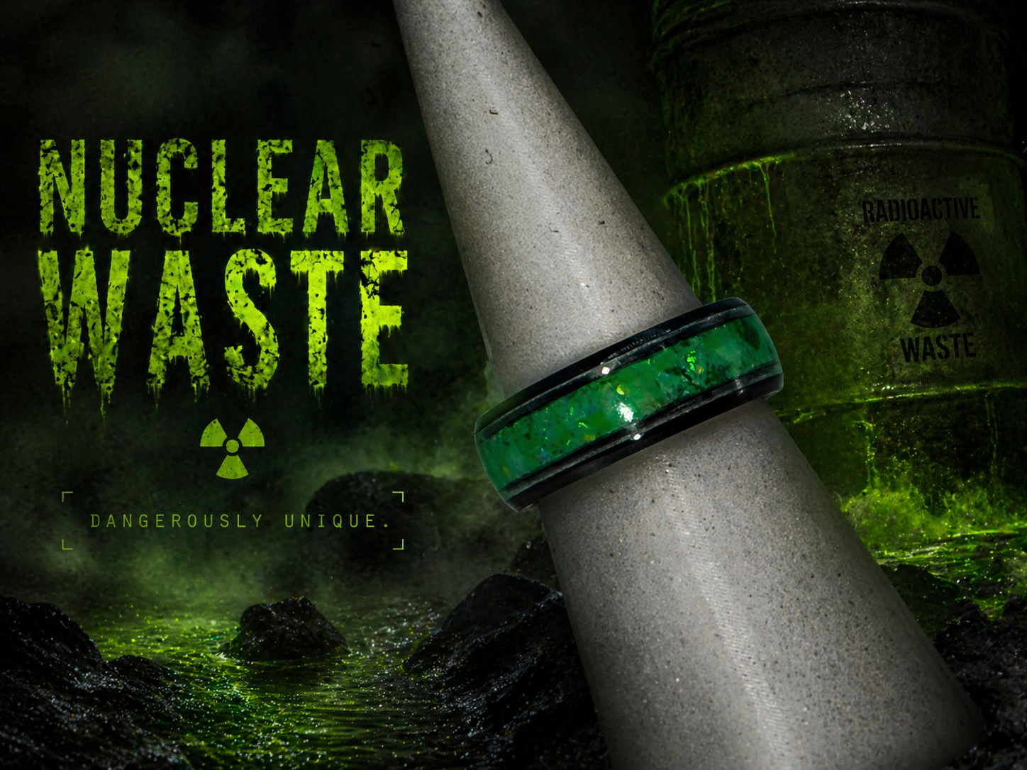 A graphic warning against nuclear waste with the text 'NUCLEAR WASTE' in large green letters, a radioactive symbol, and the phrase 'DANGEROUSLY UNIQUE'. It features a concrete missile or missile-like object with a green band and a nearby container labeled 'Radioactive Waste' with a radiation symbol, all set against a dark, ominous background.