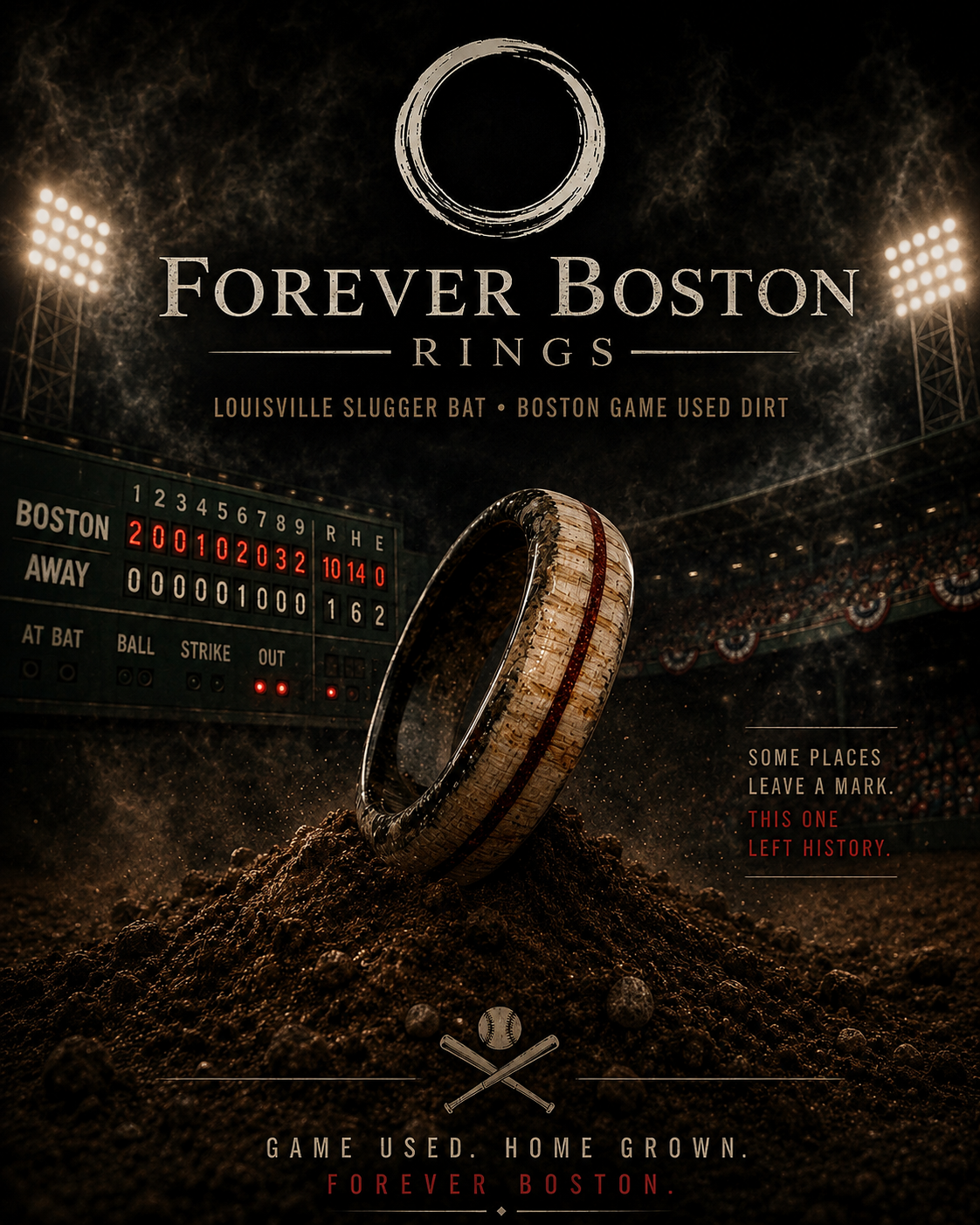 Promotional image for Forever Boston Rings featuring a tungsten ring with a wood inlay, set against a baseball field backdrop. The scoreboard reads Boston 20, Louisville 1. Text highlights baseball history, game-used dirt, and the ring's unique craftsmanship.
