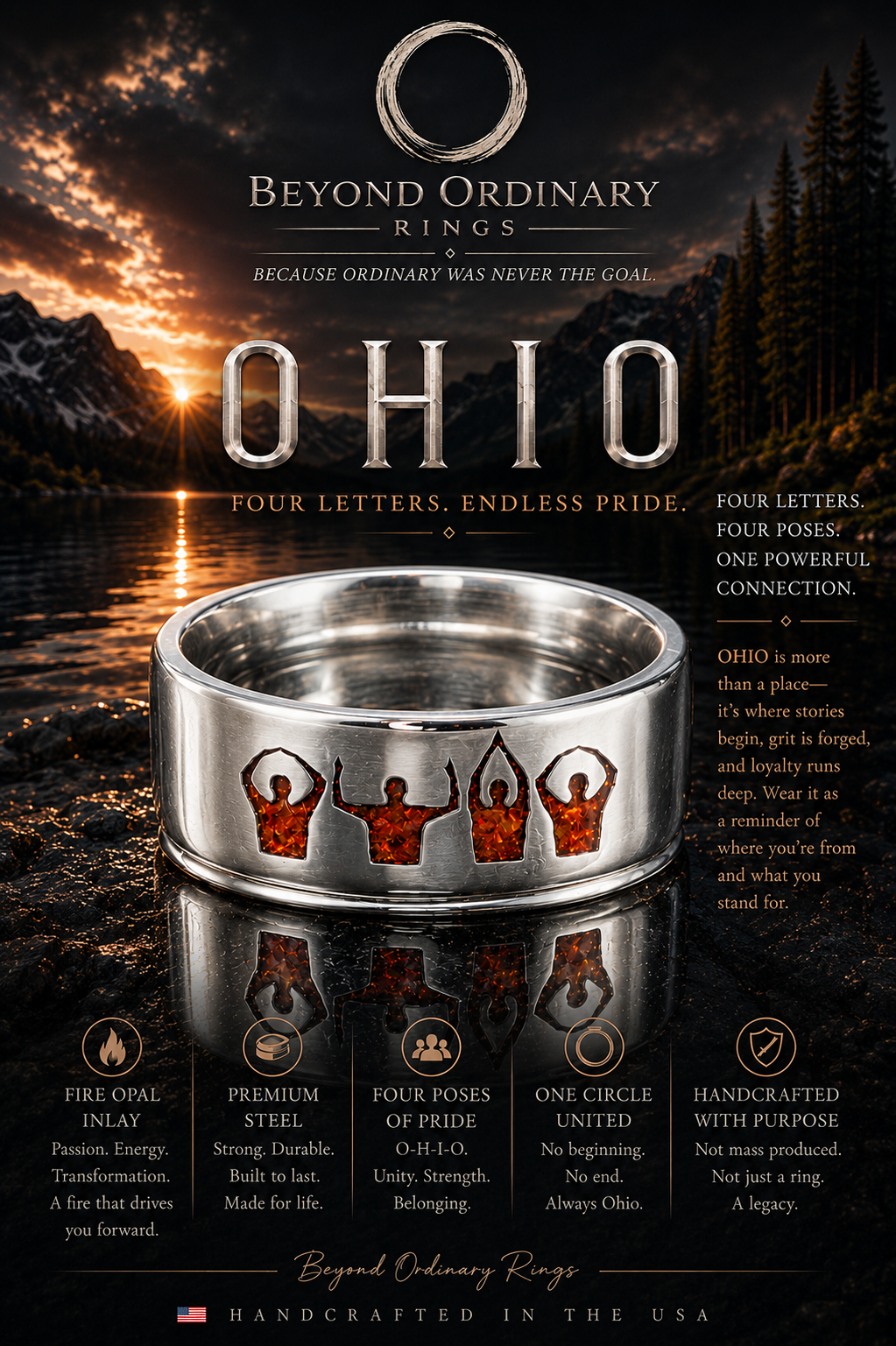 A promotional poster for Beyond Ordinary Rings featuring a silver ring with cutout silhouettes of four people, against a sunset lake and mountain landscape. The poster highlights Ohio pride and craftsmanship, with descriptions emphasizing durability, unity, and purpose of the ring.
