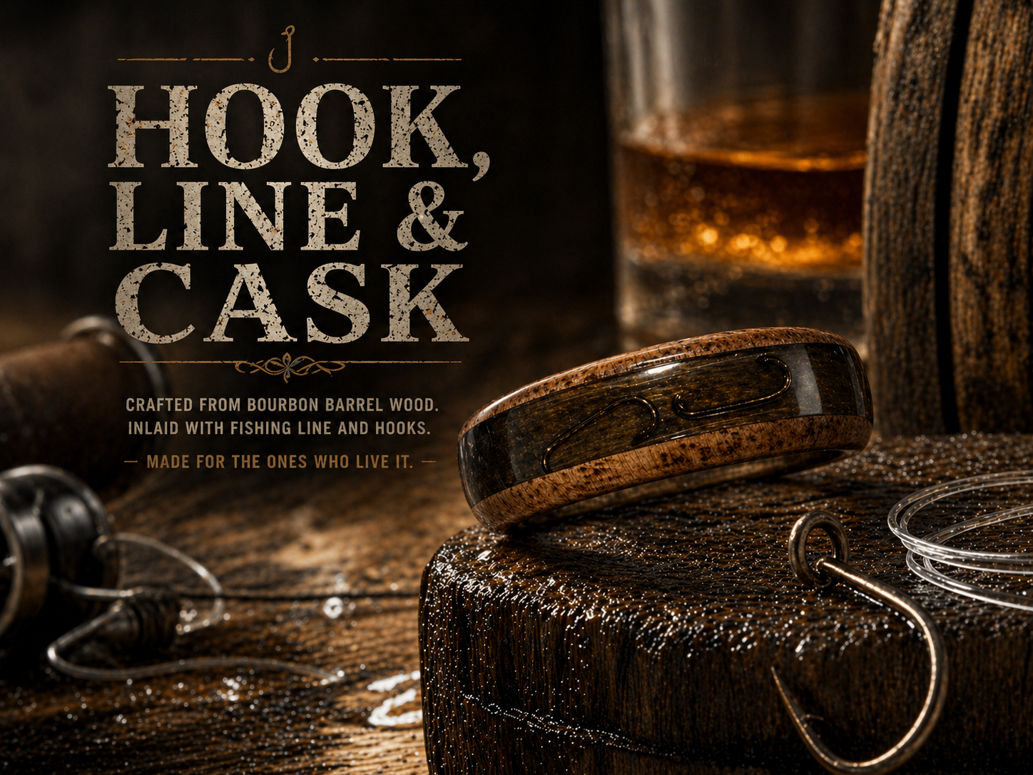 A handcrafted wooden bracelet with fishing line and hooks, with fishing equipment and a glass of whiskey in the background.