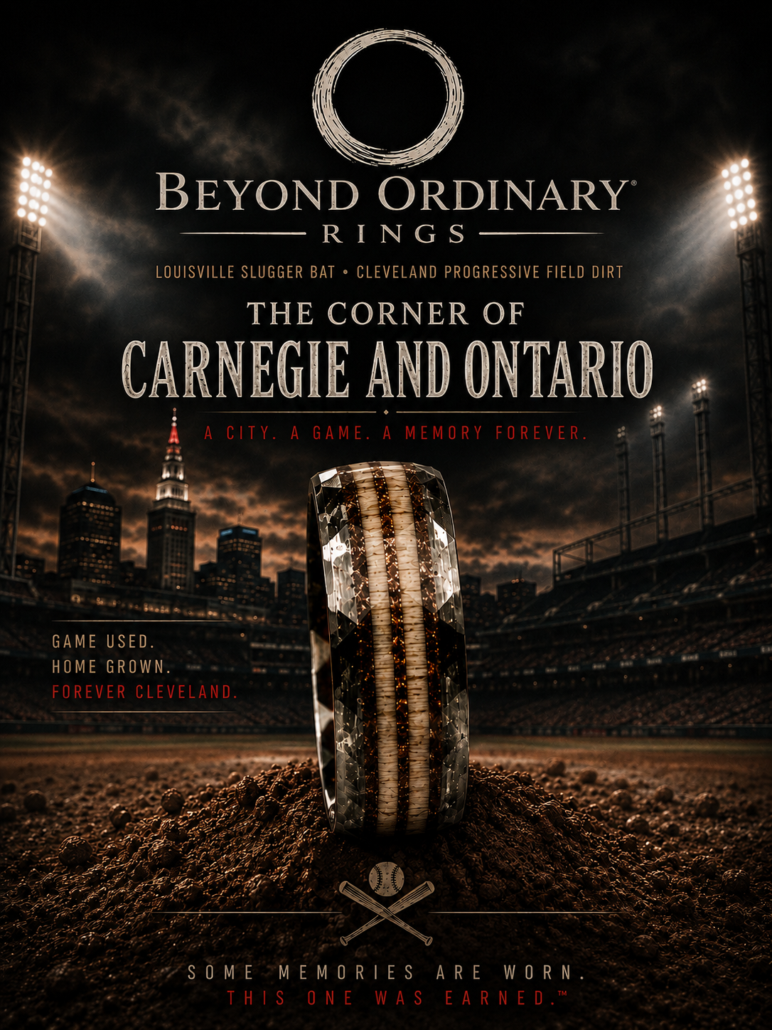 An advertisement for Beyond Ordinary Rings featuring a baseball-inspired ring with a skyline background of Cleveland, Ohio. The text highlights the ring's connection to Cleveland and its sports history.