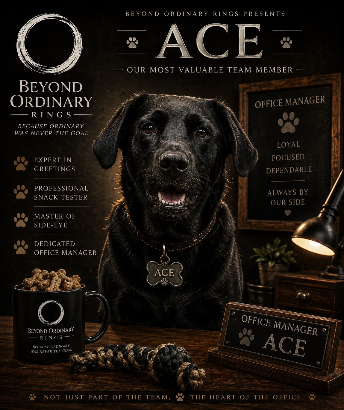 A black Labrador wearing a collar with a tag that says 'ACE'. The background features a framed chalkboard with 'Office Manager' and 'Loyal, Focused, Dependable, Always by Our Side', and a large poster reading 'Beyond Ordinary Rings Presents ACE, Our Most Valuable Team Member'. On the table are a black mug with dog treats, a rope toy, and an office nameplate with 'ACE'.