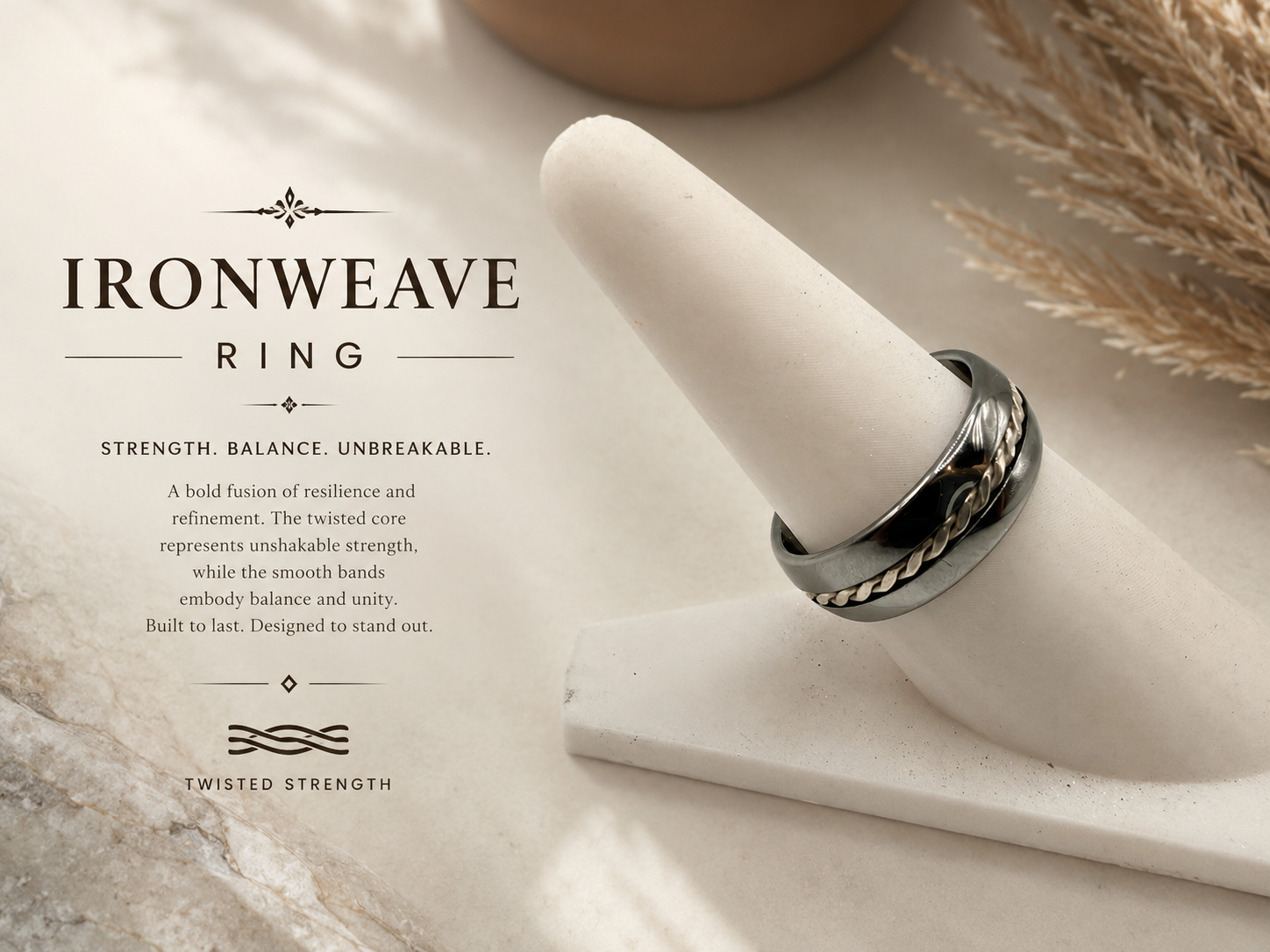 A promotional image for Ironweave Ring with text describing its qualities, placed beside two silver rings on a white display stand, with neutral-toned decorative elements in the background.