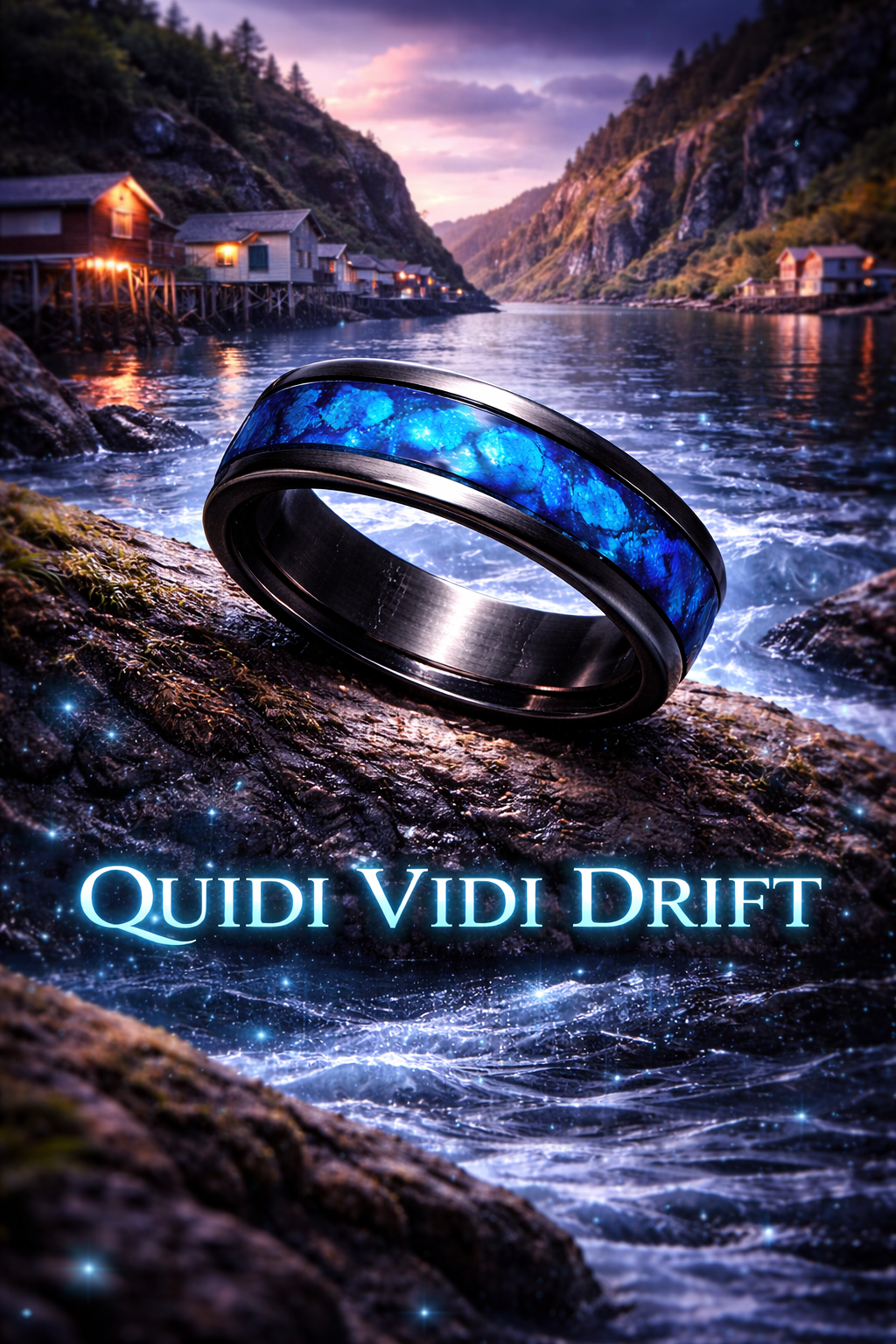 A fantasy-themed book cover featuring a glowing blue and black ring on a rocky shore with a river, mountains, and houses in the background at sunset, titled 'Quidi Vidi Drift'.