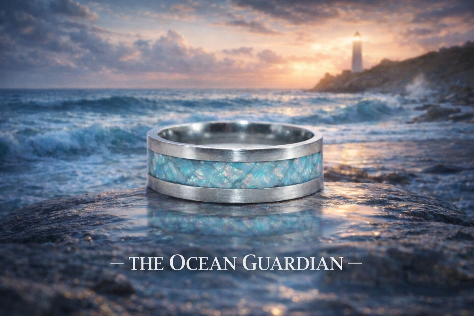A silver ring with an iridescent blue and green inlay, resting on a wet rock near the ocean at sunset, with a lighthouse in the background.