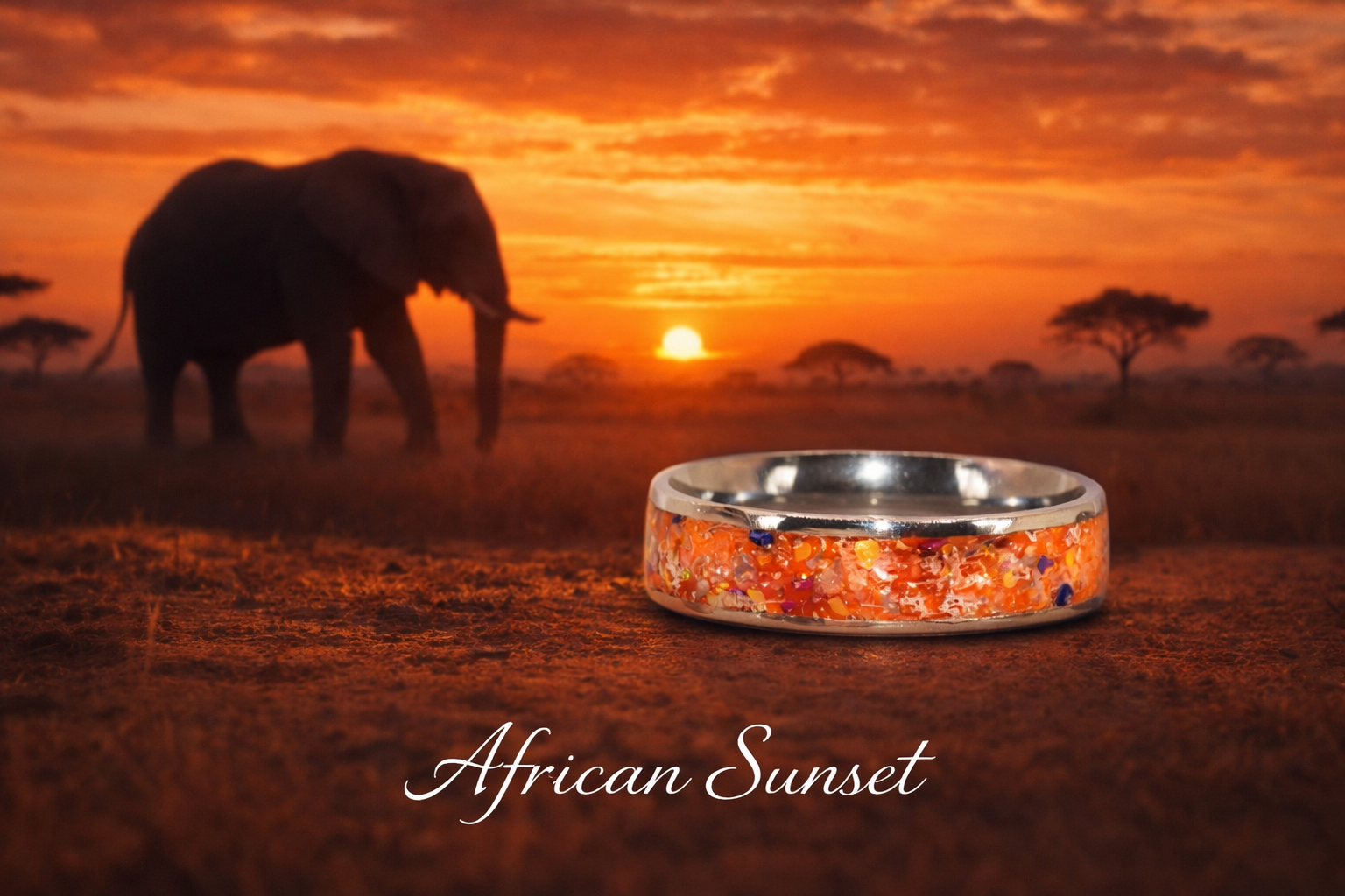 A silver and orange ring with a textured design sits on desert ground during an African sunset. In the background, an African elephant is silhouetted against the setting sun, with acacia trees scattered across the plains. The words "African Sunset" are written in cursive at the bottom of the image.