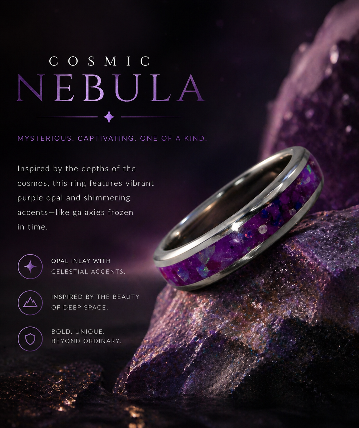 A promotional image for a cosmic nebula-themed ring featuring vibrant purple opal with celestial accents, inspired by deep space, set against a cosmic background.