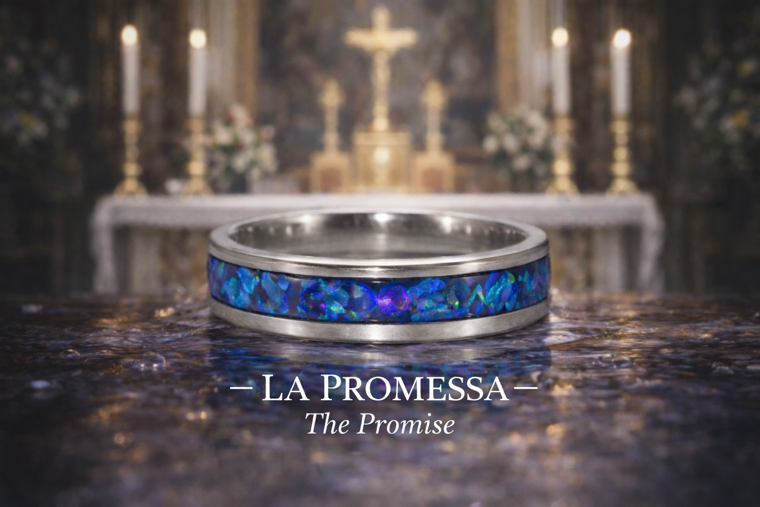 A silver ring with a blue and green opal inlay on a polished surface with a church altar and candles in the background.