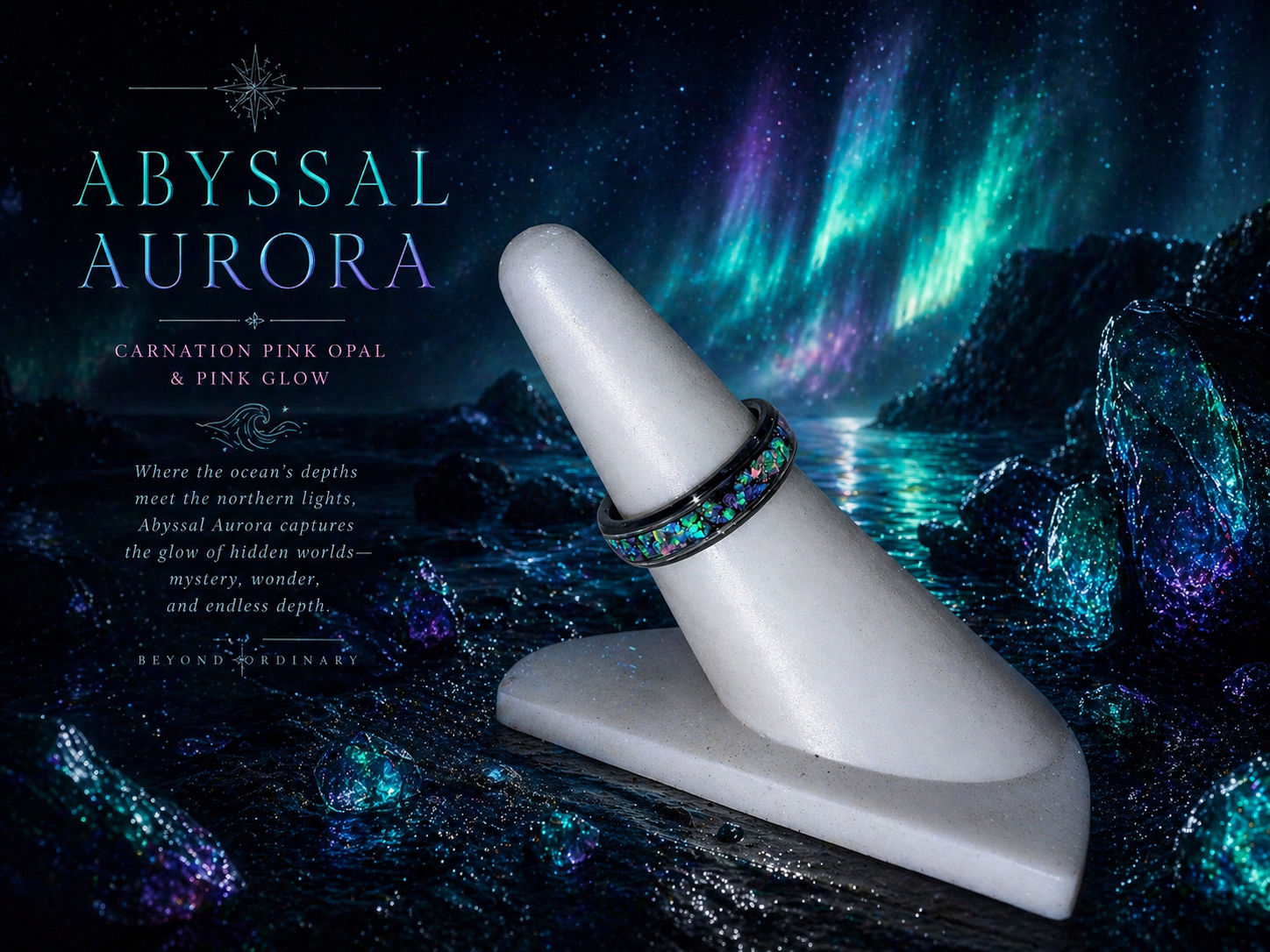 A jewelry ring with colorful abysmal aurora gemstone design on a white display stand against an oceanic background with northern lights.
