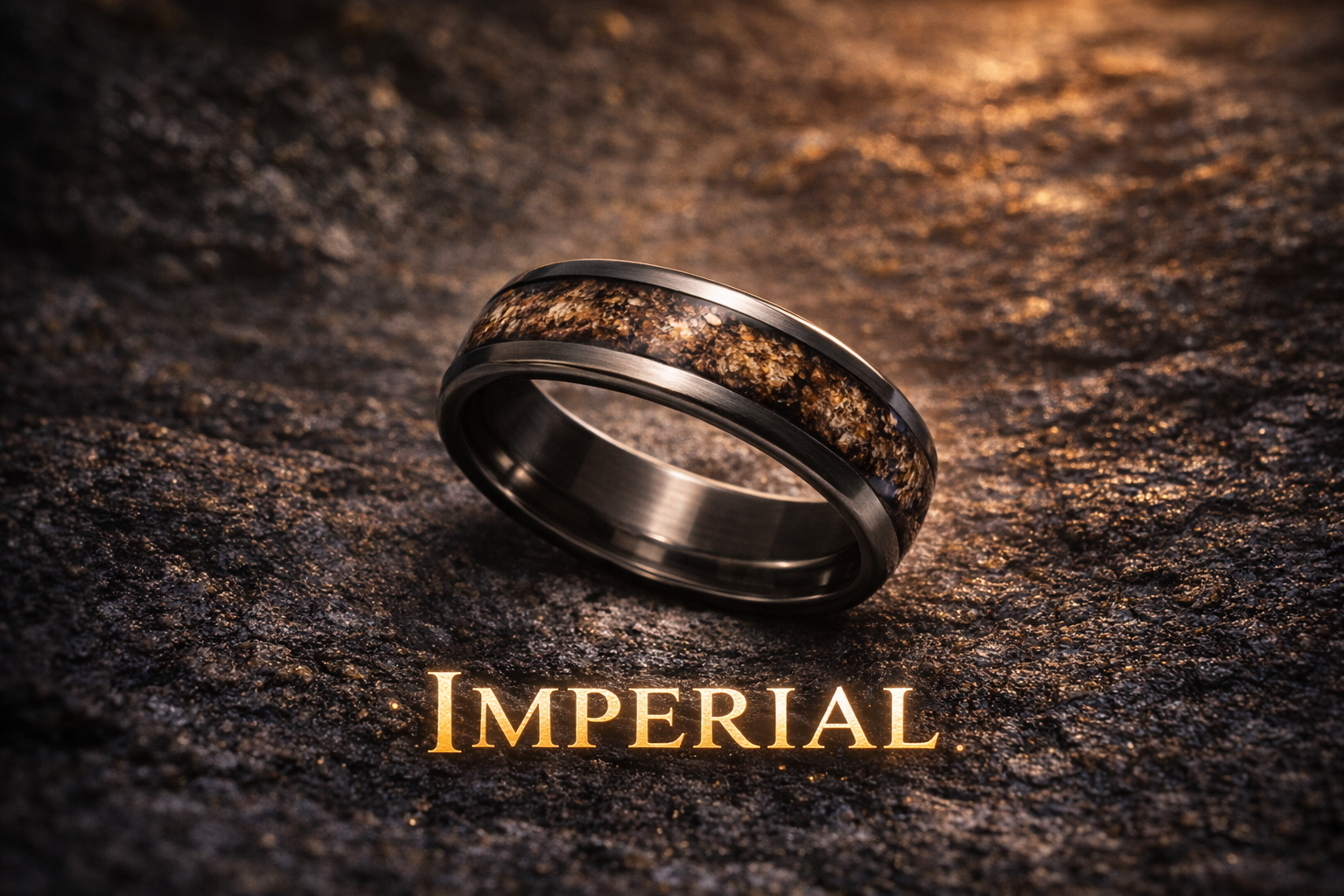 A close-up of a black and multicolored ring on a textured dark surface with the word 'IMPERIAL' illuminated below.