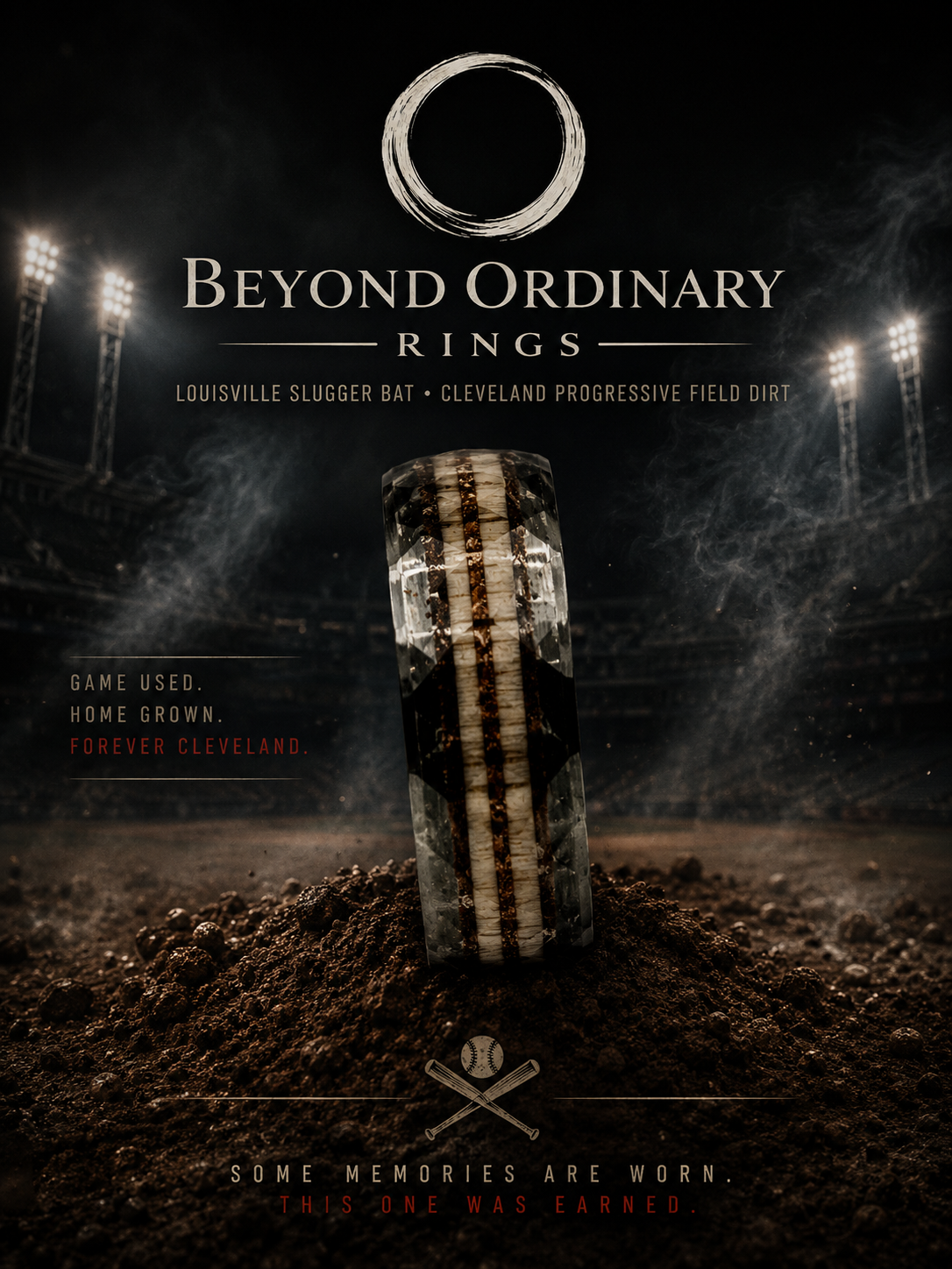 Close-up of a single baseball ring with a diamond pattern, set against a baseball stadium background. Text on the image promotes Beyond Ordinary Rings with references to Louisville slugger bat and Cleveland progressive field dirt, and mentions used, homegrown Cleveland memories.