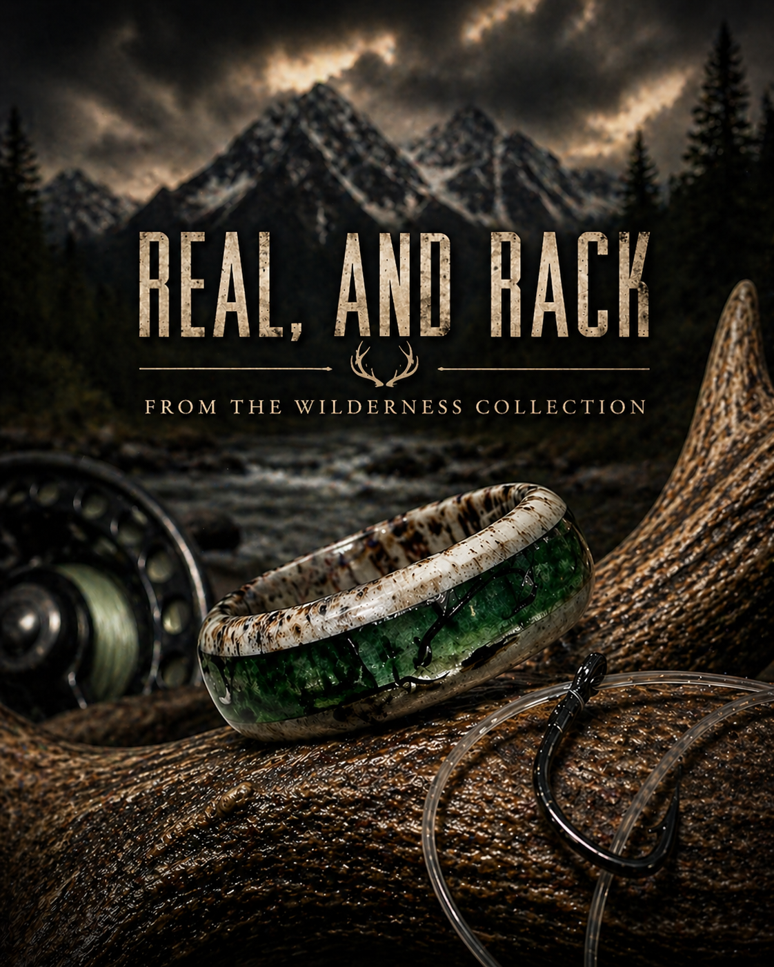 A wilderness scene with mountains, trees, and cloudy sky, featuring a close-up of a camouflage-patterned bracelet, fishing reel, and fishing line on a textured rock, with the text "Real, and Rack from the Wilderness Collection".