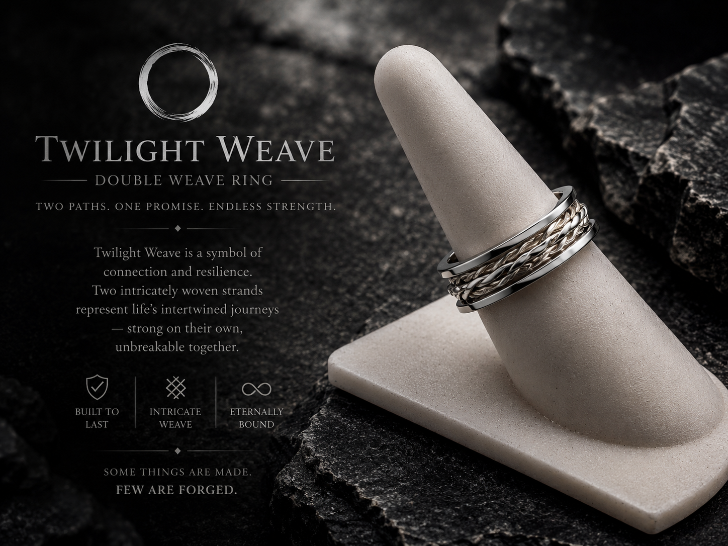 Close-up of a ring display with four intertwined silver rings on a beige stone, dark textured background, emphasizing the elegance and craftsmanship of the rings.