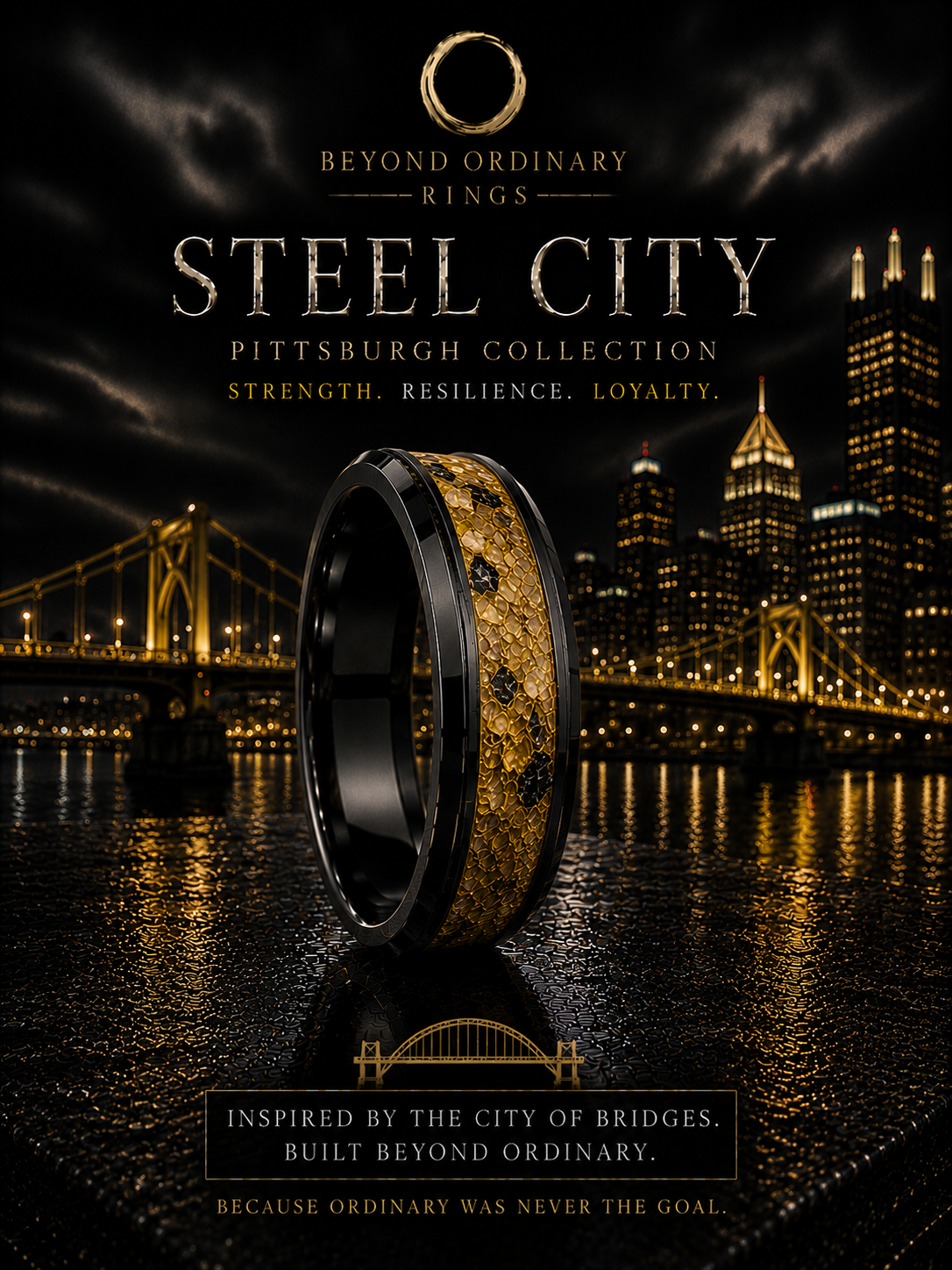 A promotional image for Beyond Ordinary Rings' Steel City Pittsburgh Collection features a black and gold ring with a city skyline and bridge in the background, emphasizing strength, resilience, and loyalty.