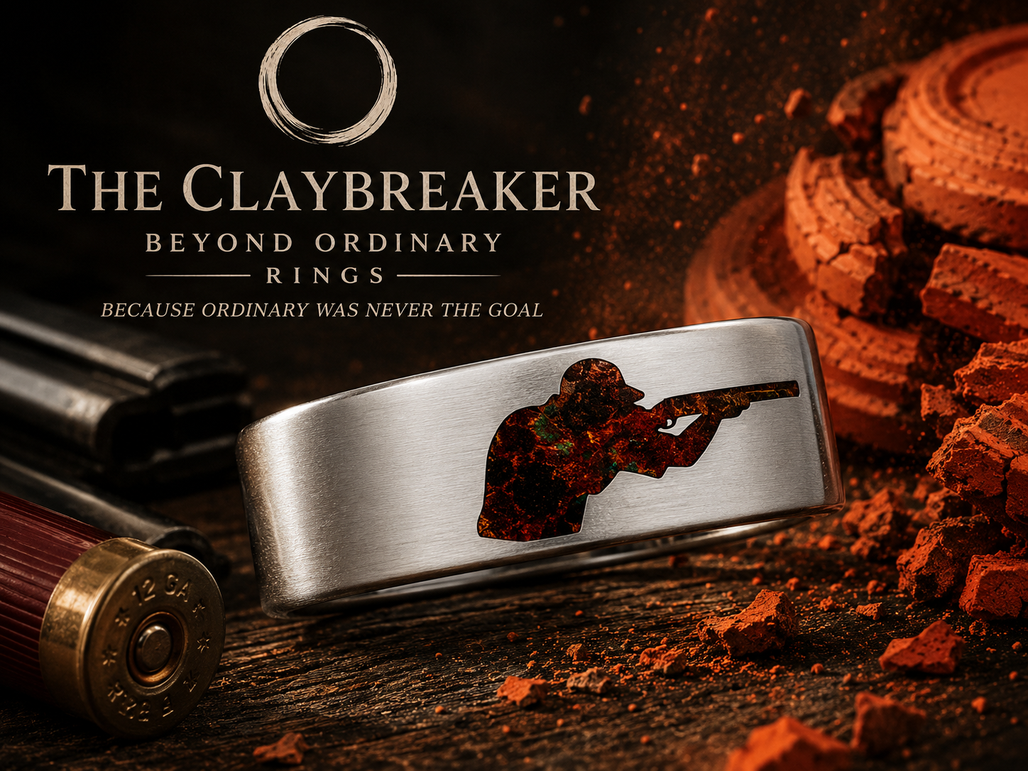A promotional image for a gear called The Claybreaker, featuring a metallic lighter with a silhouette of a man aiming a shotgun, shotgun shells, clay targets, and a background of dirt or clay and small particles.