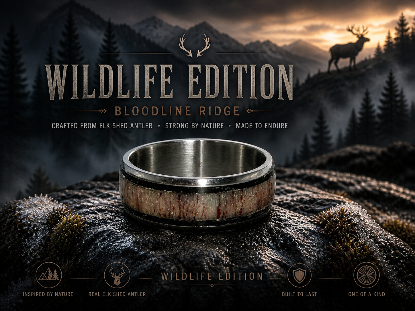 A metal elk antler ring displayed on a mossy, wet rock with a wooded mountain landscape and elk silhouette in the background. Text highlights the ring's natural elk shed antler origin, durability, and unique design.