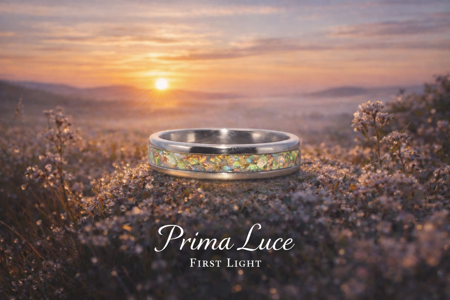 A silver ring with multicolored iridescent inlay resting on small pink flowers during sunset, with text "Prima Luce First Light" at the bottom.