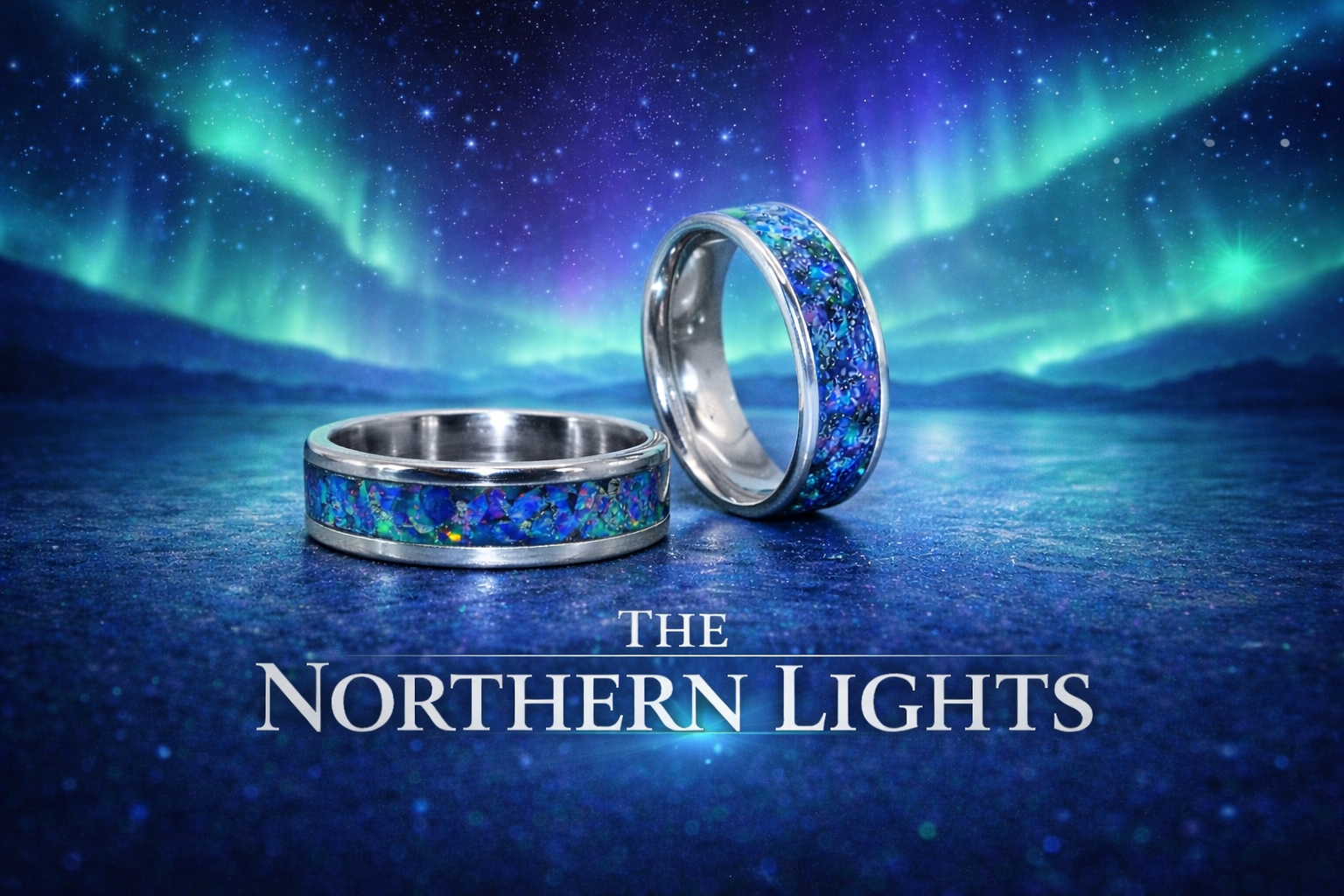 Two rings with blue and purple inlay designs, set against a backdrop of the Northern Lights over a snowy landscape, with the text 'The Northern Lights' at the bottom.