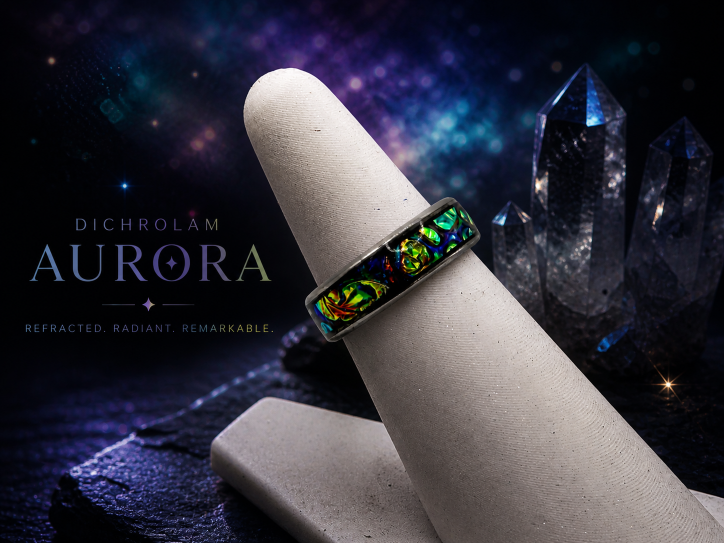 A black band with colorful, iridescent patterns resting on a tilted white ring display, with a backdrop of a galaxy and transparent crystal formations, featuring text promoting DichroLam Aurora.