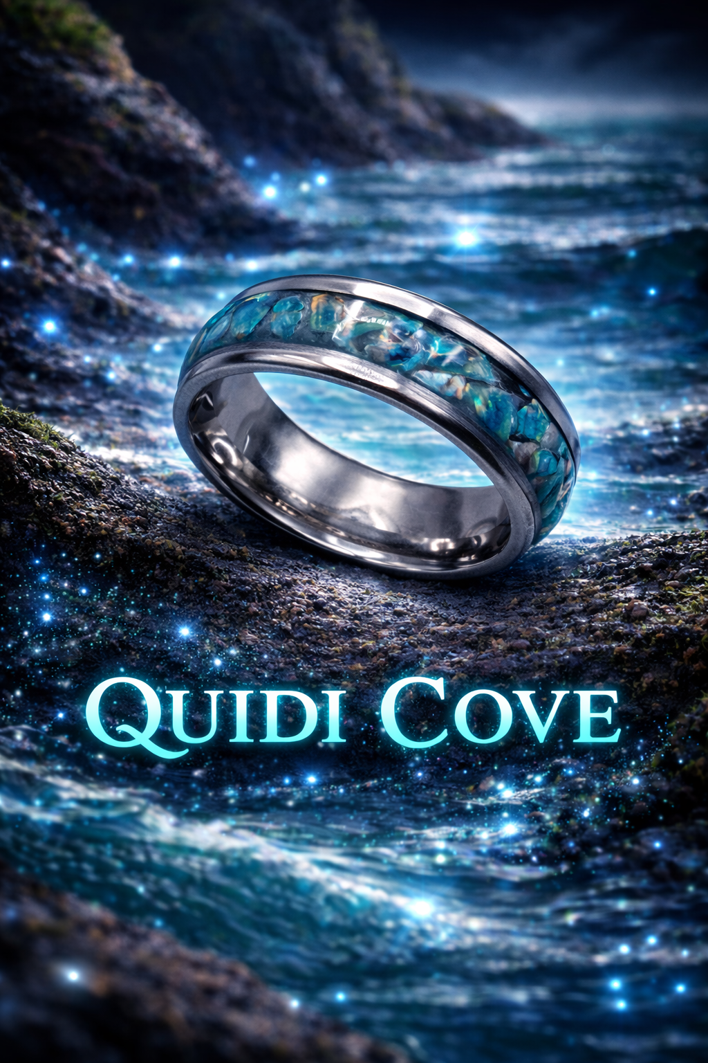 A silver ring with a band of blue and green opal stones resting on a rocky shoreline at Quidi Cove, with the sea and sky in the background and glowing blue sparkles around the ring.