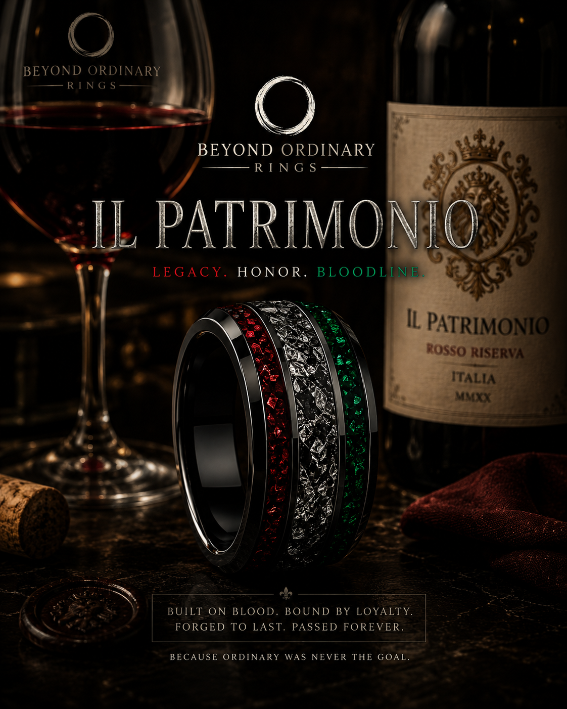 Close-up of custom rings with red, silver, and green gemstones, a glass of red wine, a bottle of Italian wine, and a wine cork on a dark surface, with text promoting Beyond Ordinary Rings.