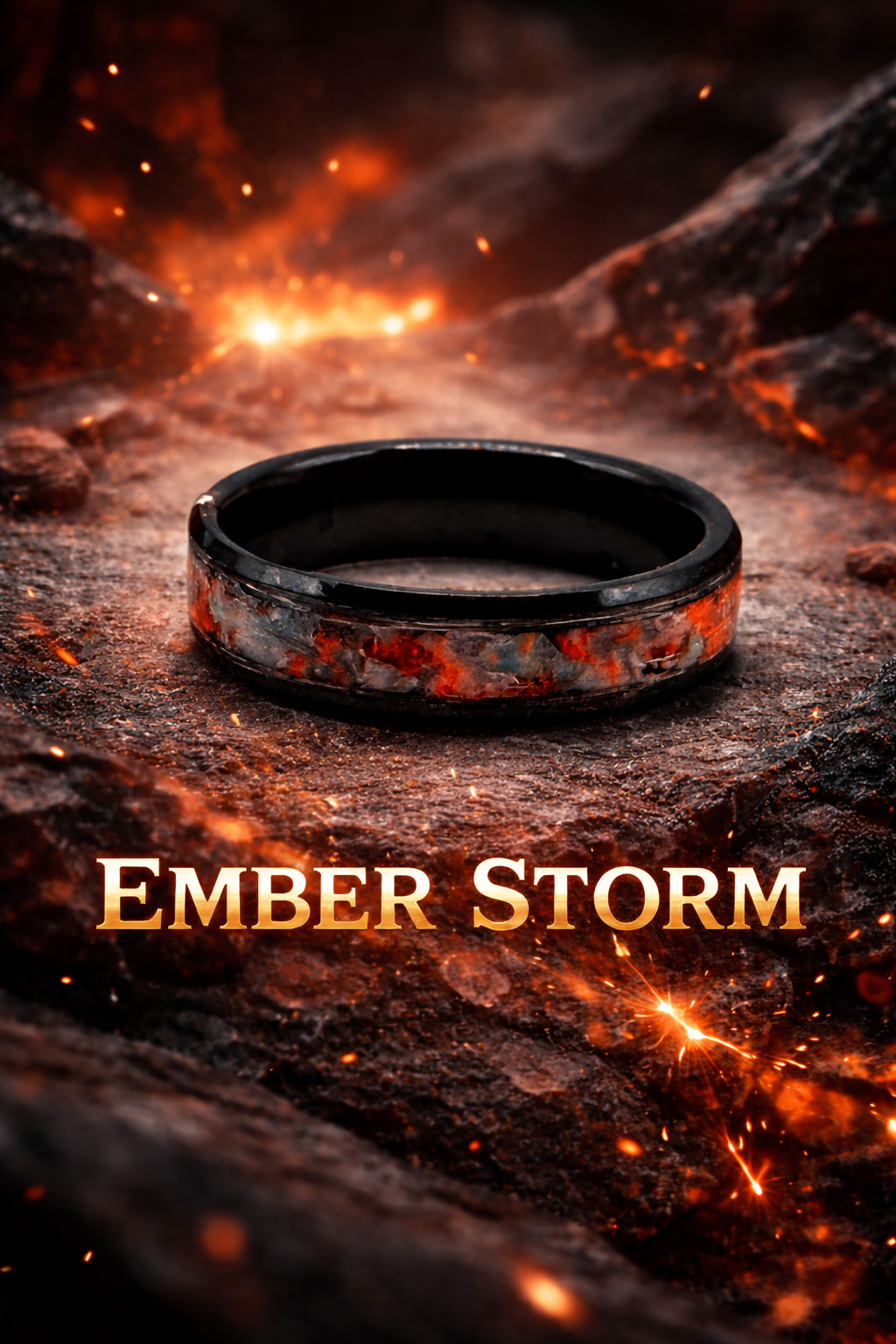 A black ring with fiery, ember-like patterns on its surface, placed on a molten, glowing volcanic terrain with sparks flying around, titled "Ember Storm."