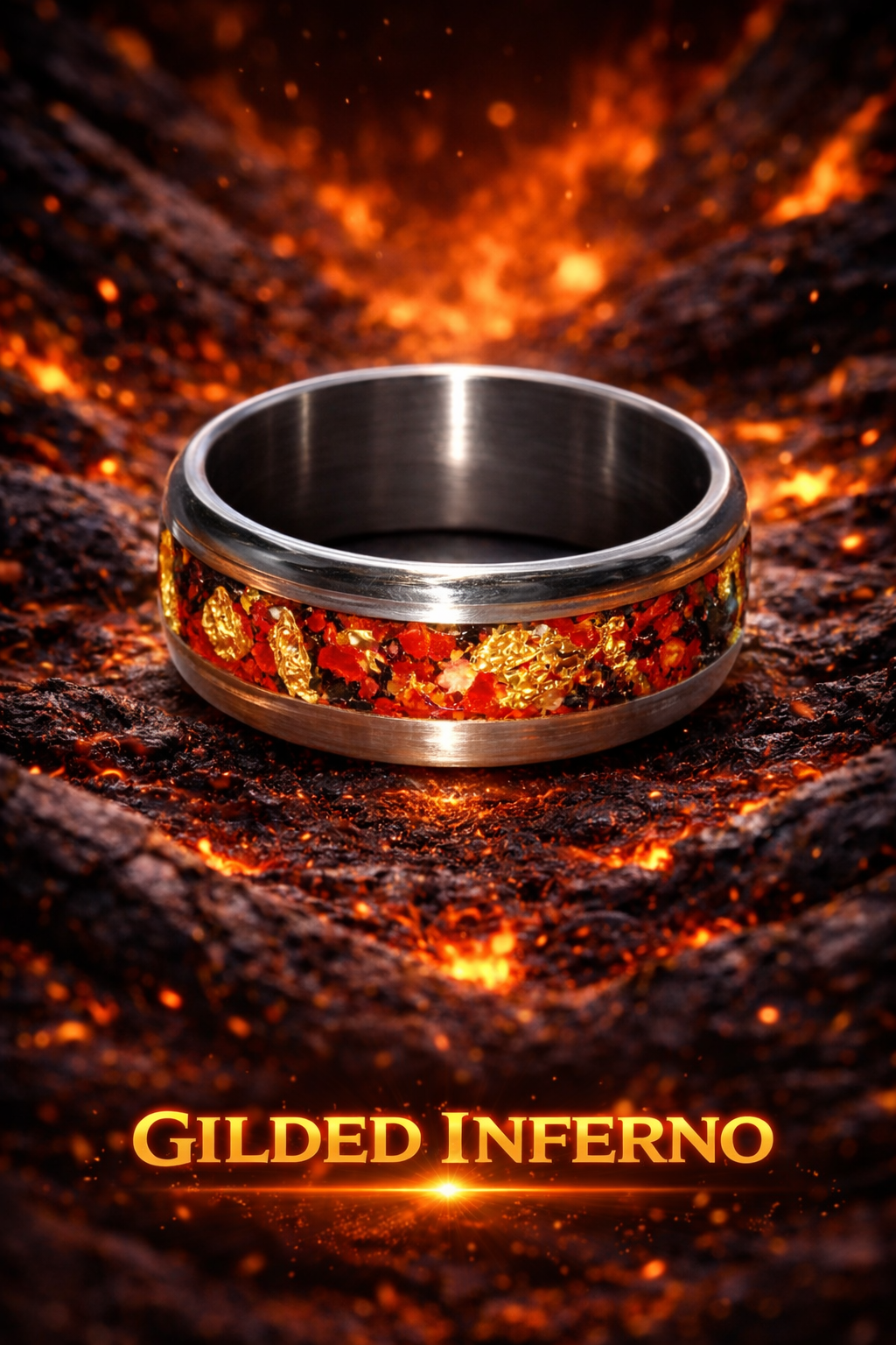 A metallic ring with a band of orange, red, and gold glittering material around its circumference, set against a fiery, glowing background resembling molten lava or flames, with the words 'GILDED INFERNO' written at the bottom in glowing, fiery text.