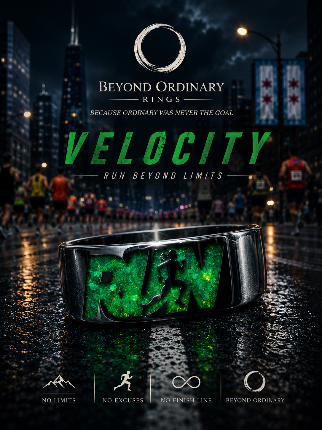 A promotional image for Beyond Ordinary Rings featuring a large metallic ring with a green glowing R/W inside, set against a dark city street scene with runners and city lights, emphasizing themes of speed and limitlessness.