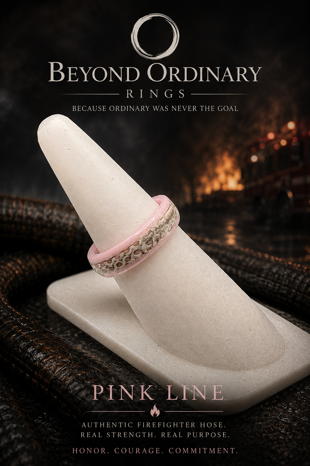 A promotional poster displaying a pink ring made from fire fighter hose, placed on a cone-shaped stand with a dark, fiery background. The text on the poster reads "Beyond Ordinary Rings," "Because ordinary was never the goal," and mentions the ring is made from authentic firefighter hose. The phrase "Pink Line" is also visible along with words highlighting strength, purpose, honor, courage, and commitment.
