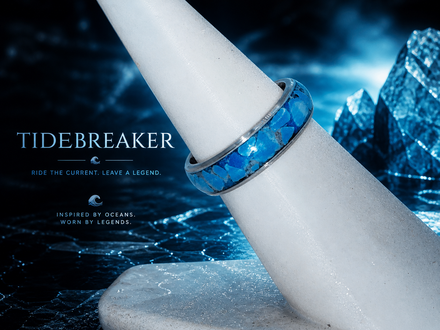 A blue and white ocean-themed ring with blue stones, displayed on a white textured holder against a dark blue ocean background with ice formations. Text reads, 'TIDEBREAKER, RIDE THE CURRENT. LEAVE A LEGEND. Inspired by oceans. Worn by legends.'
