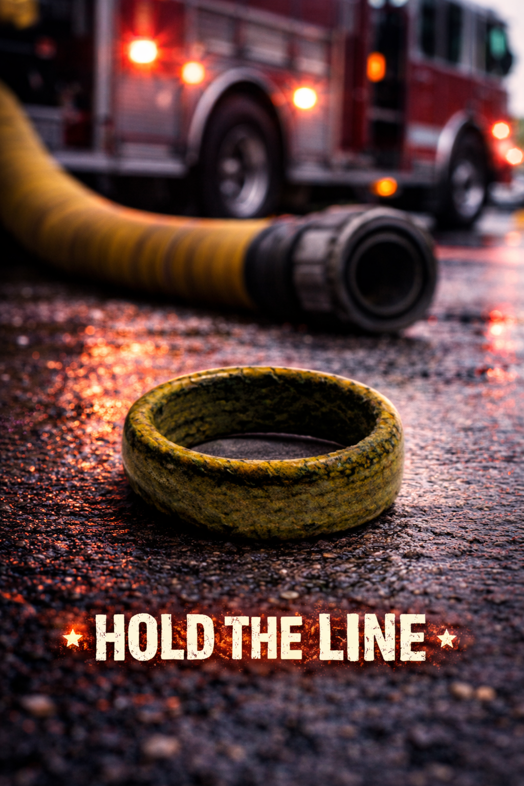 Close-up of a yellow fire hose on wet asphalt with a red fire truck in the background, and the text 'HOLD THE LINE' at the bottom.