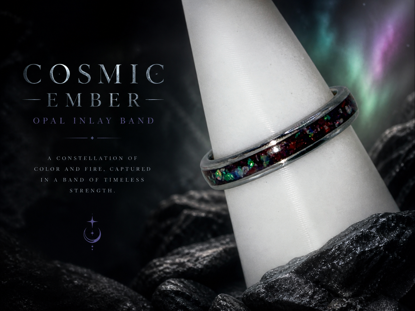 A close-up of a silver ring with multicolored opal inlay band, displayed on a white cylindrical stand with a cosmic background, featuring the text "Cosmic Ember Opal Inlay Band" and a description about the band being a constellation of color and fire captured in timeless strength.