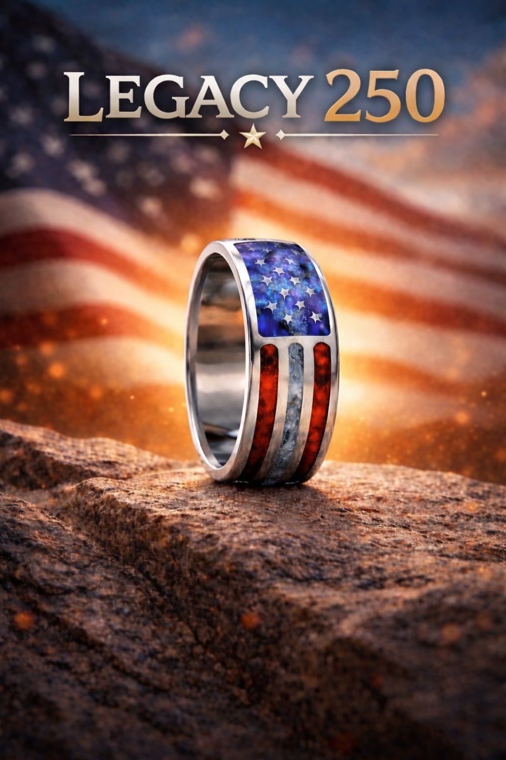 A metal ring with a patriotic American flag design, featuring stars and stripes, is placed on a rocky surface with a blurred American flag in the background and the text 'Legacy 250' at the top.