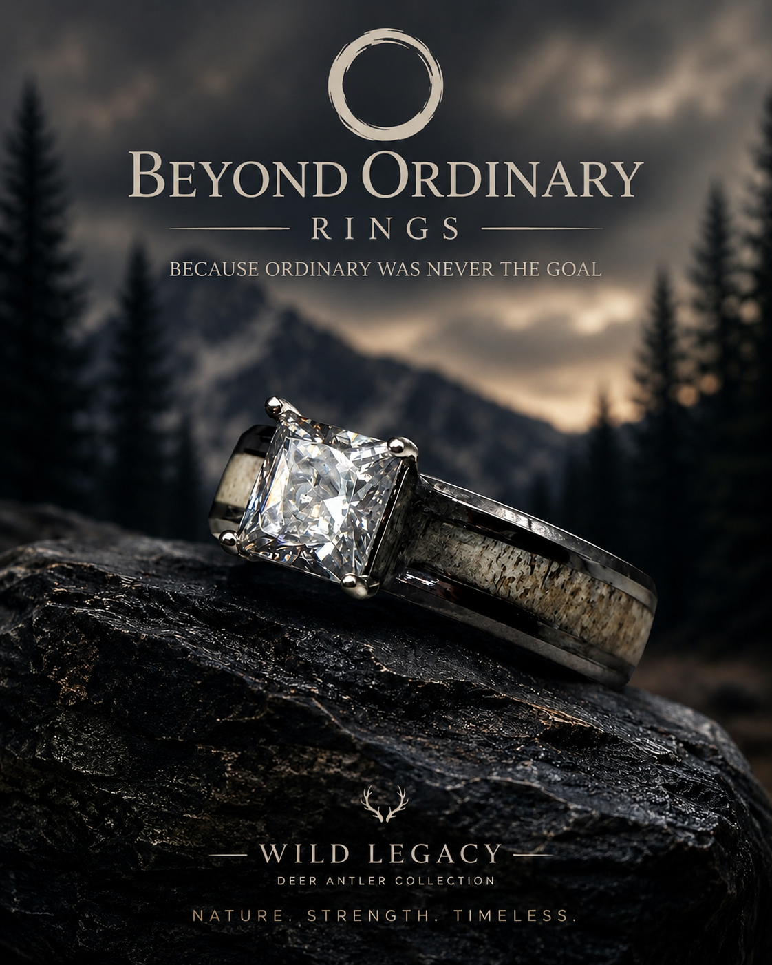 A large diamond ring with a cushion-cut stone on a rustic black rock with a mountain landscape background and dark cloudy sky, advertising Beyond Ordinary Rings and Wild Legacy Deer Antler Collection.