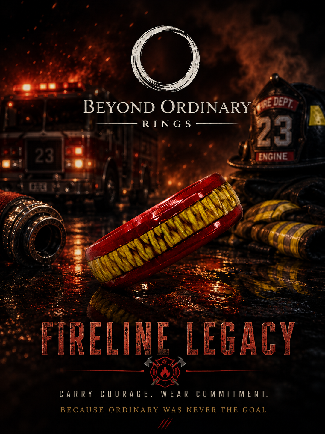 Firefighter gear and helmets with fire truck in background displaying emergency lights, promotional poster for Beyond Ordinary Rings featuring a firefighter theme, with the text 'Fireline Legacy' and a message encouraging courage and commitment.