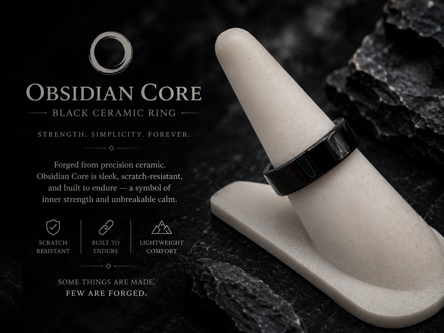 Product image of a black ceramic ring called Obsidian Core, displayed on a white cone-shaped stand with a dark textured background.