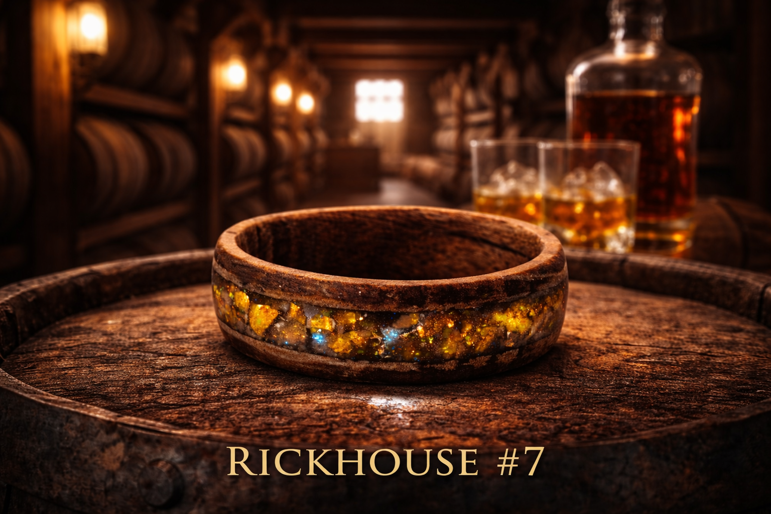 A wooden table with a glass bowl containing glowing amber and gold decorative stones, a glass of whiskey with ice, and a whiskey decanter in the background inside a dimly lit wooden barrel room. The text "Rickhouse #7" is at the bottom.