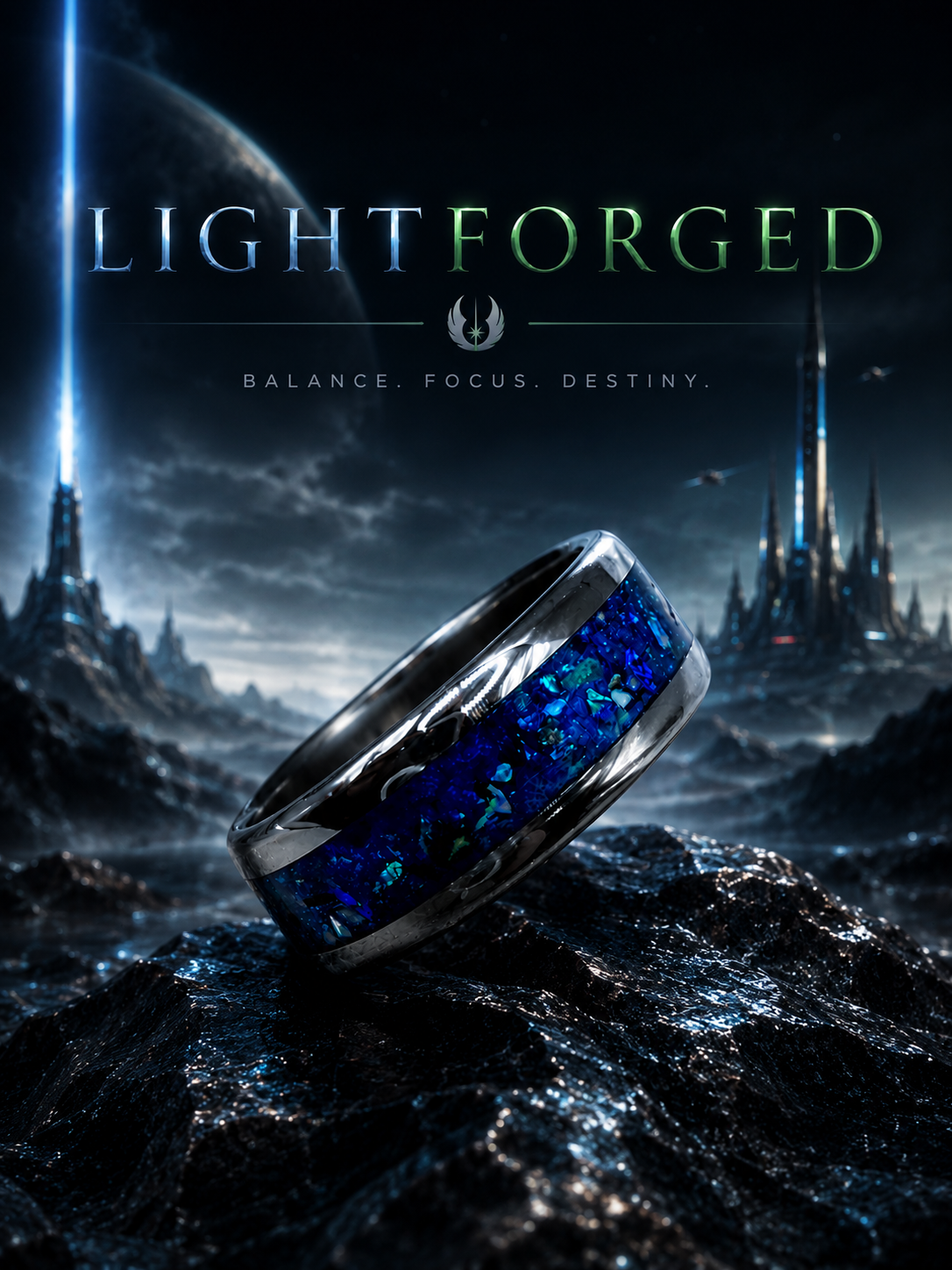 A futuristic scene from the video game Lightfall featuring a black ring with blue and green inlays resting on a rocky surface, with a dark, sci-fi landscape and a castle-like structure in the background under a stormy sky.