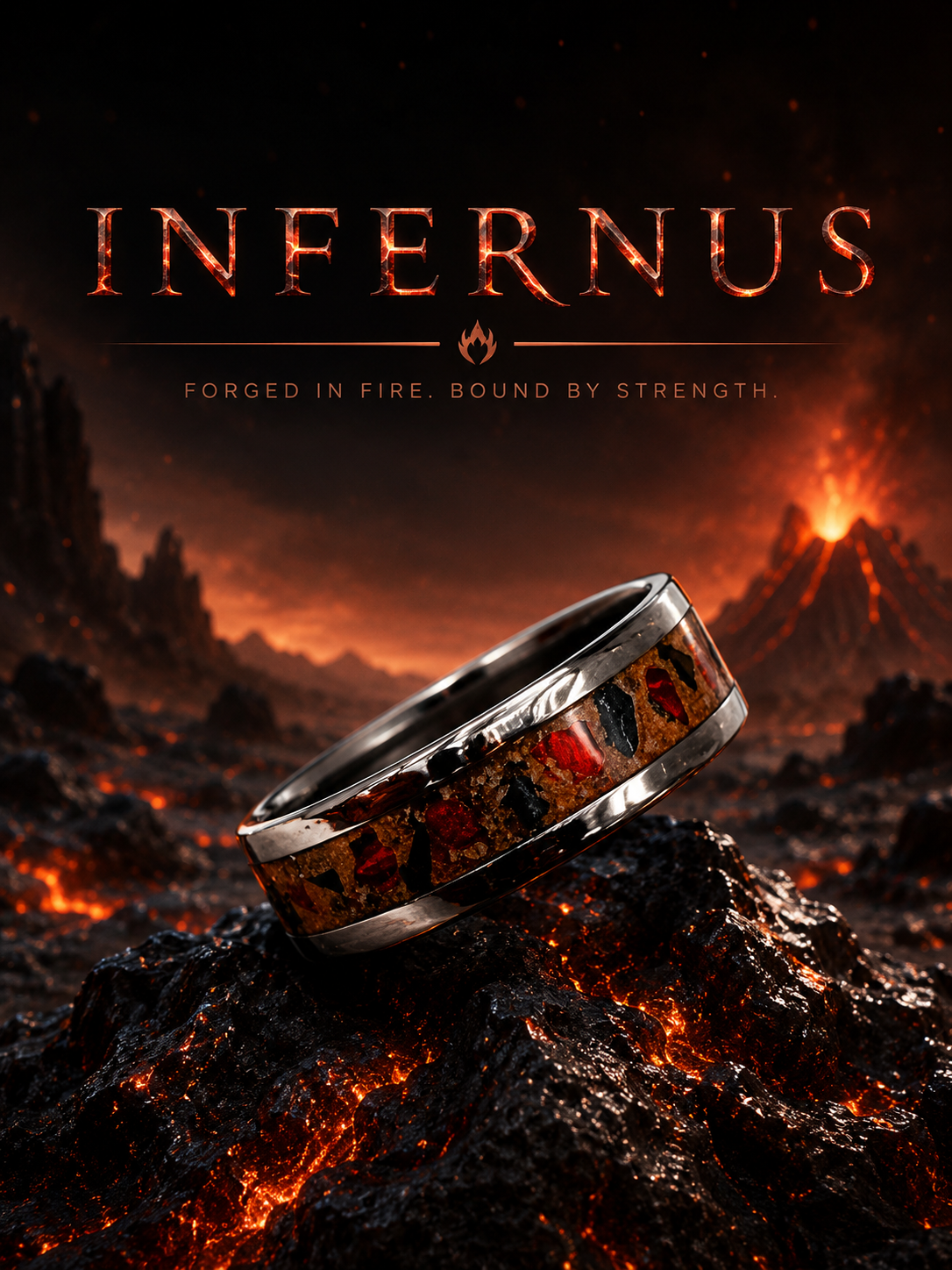 A ring with a fiery, volcanic design is placed on a glowing volcanic landscape with lava and erupting volcanoes in the background. The text "Infernus" and "Forged in Fire. Bound by Strength" are displayed at the top.