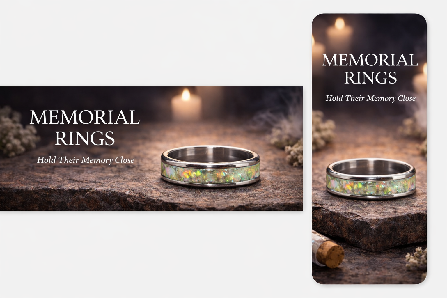 Image of a memorial ring with iridescent inlay on a textured surface with candles and flowers in the background, featuring text that reads 'Memorial Rings, Hold Their Memory Close'.